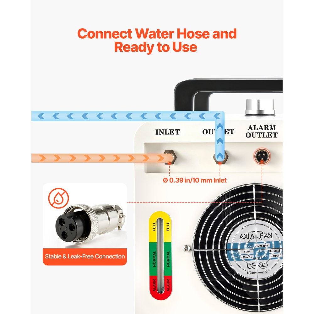 VEVOR Enfriador de Agua Industrial 5460 BTU/h, Sistema de Enfriamiento de Enfriador de Agua con Compresor, Caudal Máximo de 3,4 GPM, Tanque de 7 L, para Máquina de Grabado y Corte Láser de CO2