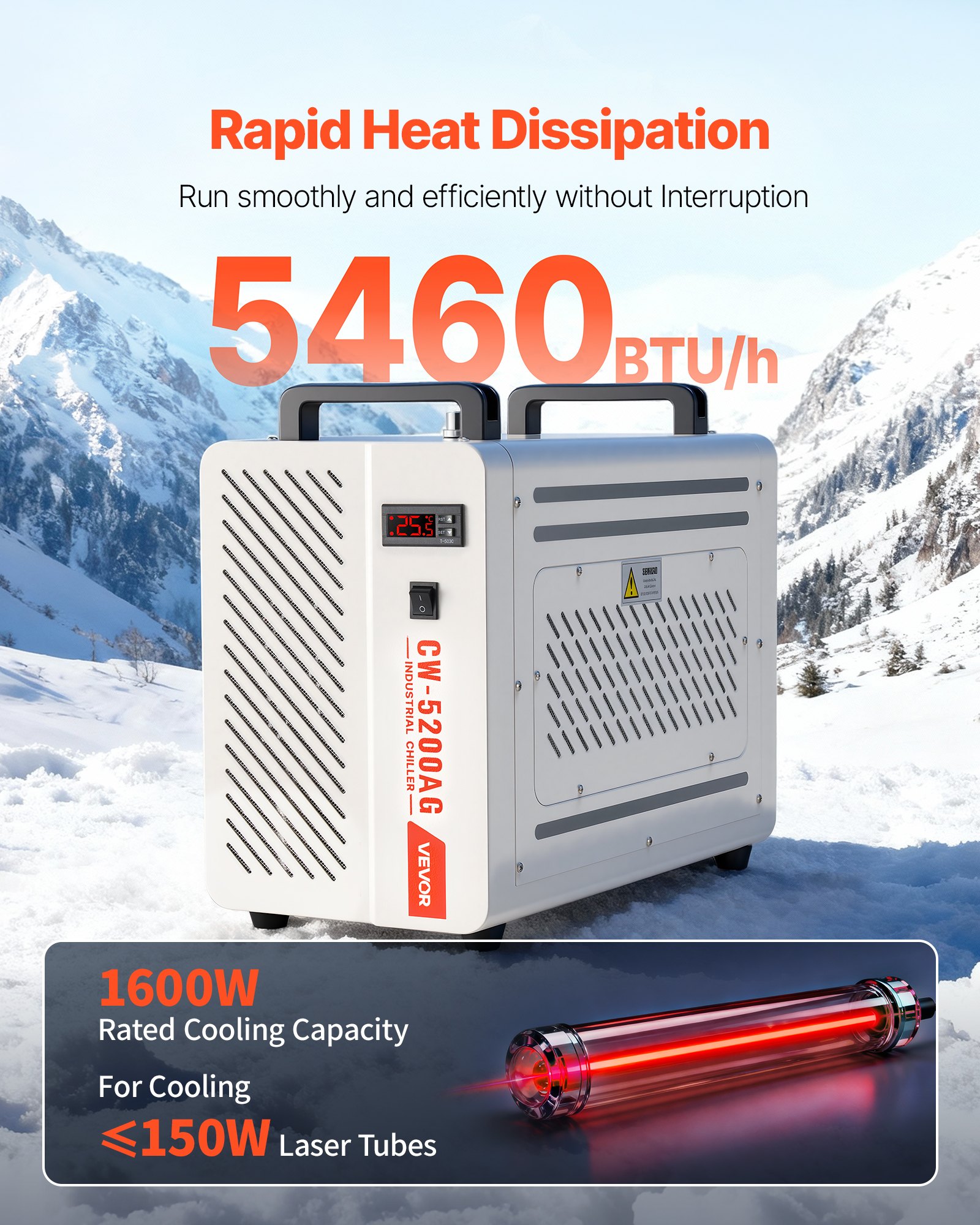 VEVOR Enfriador de Agua Industrial 5460 BTU/h, Sistema de Enfriamiento de Enfriador de Agua con Compresor, Caudal Máximo de 3,4 GPM, Tanque de 7 L, para Máquina de Grabado y Corte Láser de CO2