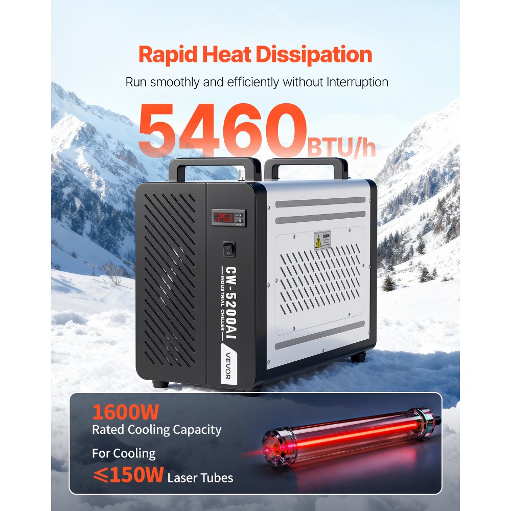 VEVOR Enfriador de Agua Industrial 5460 BTU/h, Sistema de Enfriamiento de Enfriador de Agua con Compresor, Caudal Máximo de 4,2 GPM, Tanque de 7 L, para Máquina de Grabado y Corte Láser de CO2