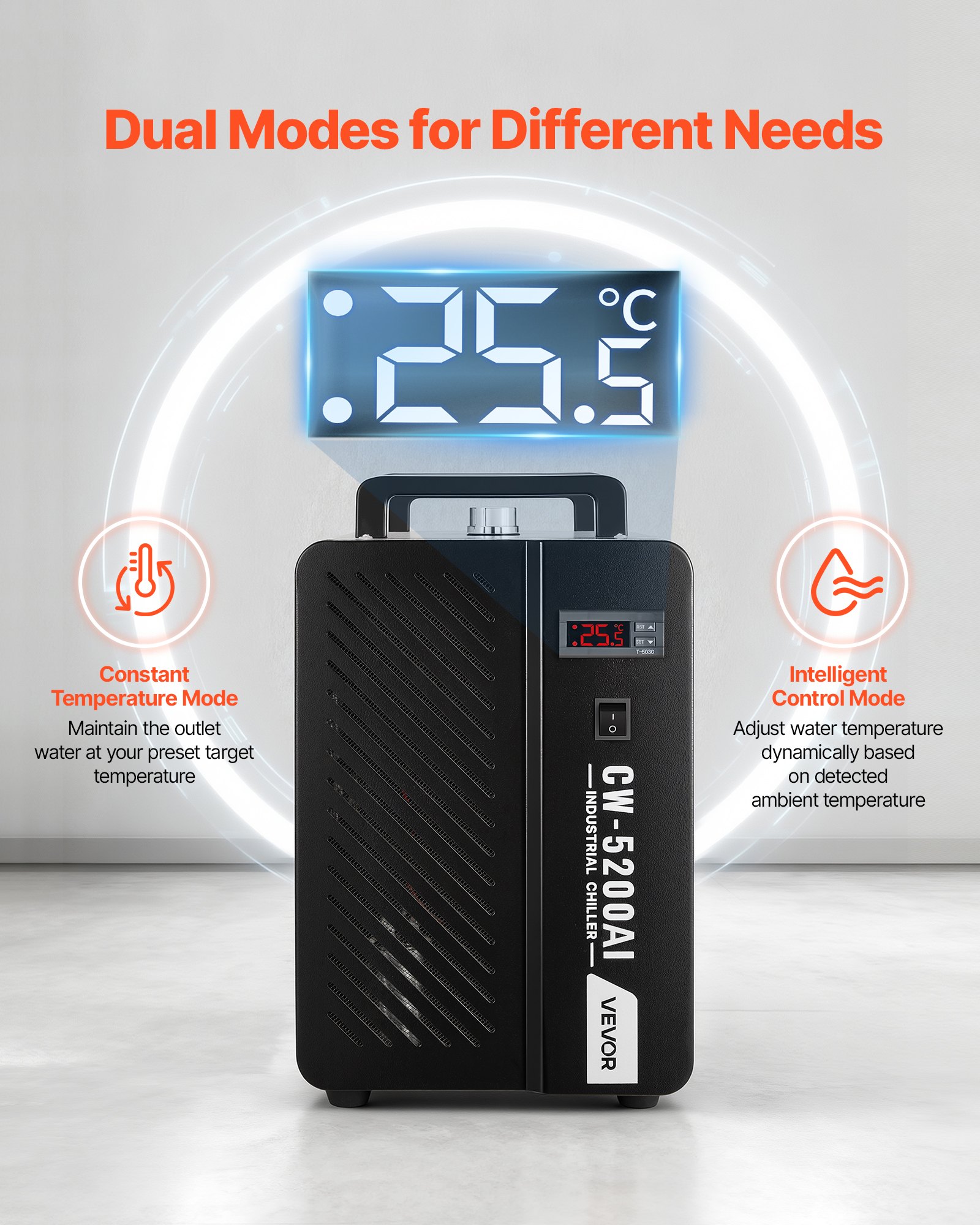 VEVOR Enfriador de Agua Industrial 5460 BTU/h, Sistema de Enfriamiento de Enfriador de Agua con Compresor, Caudal Máximo de 4,2 GPM, Tanque de 7 L, para Máquina de Grabado y Corte Láser de CO2