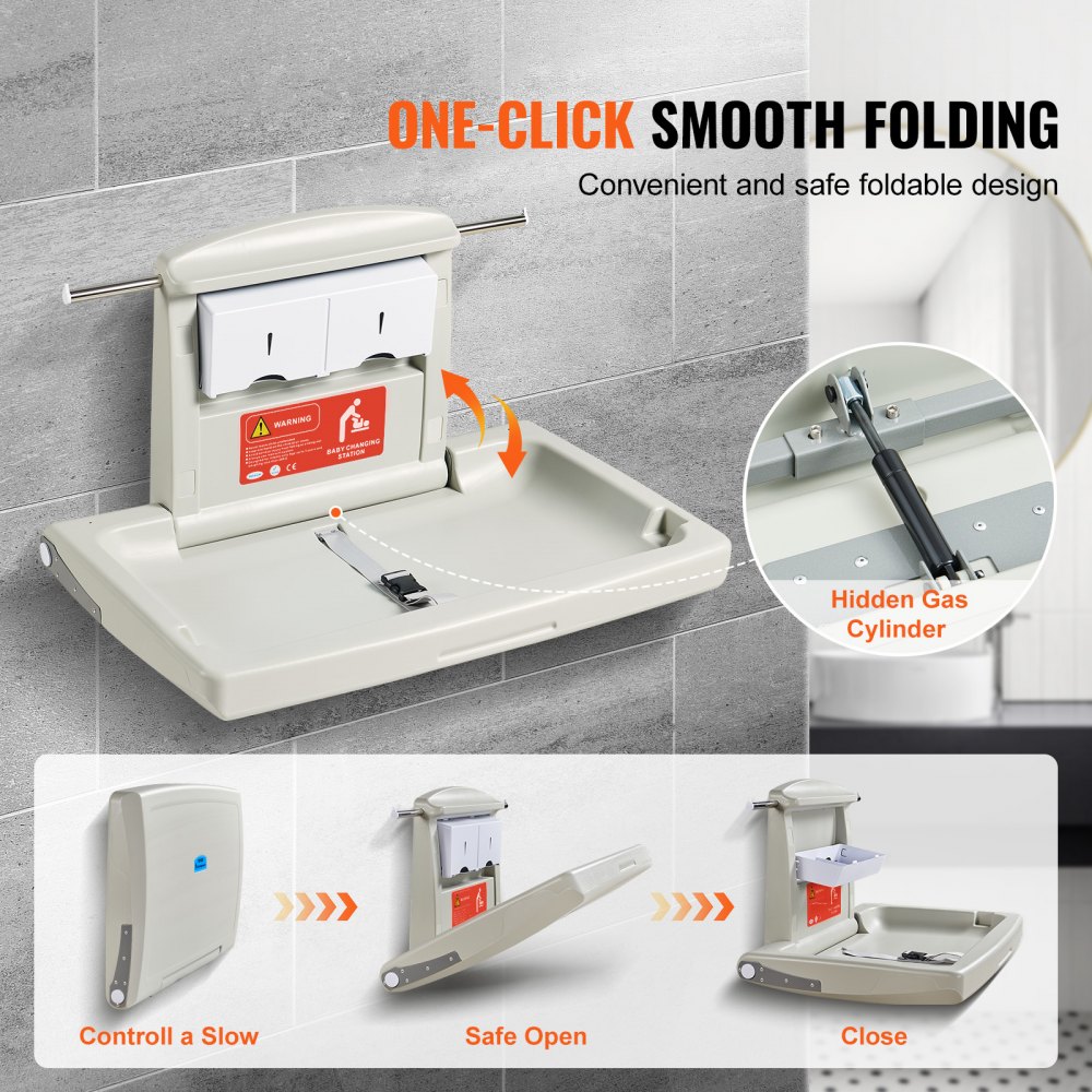 VEVOR Cambiador de Pared Cambiador Plegable de Plástico HDPE Mueble Cambiador Carga Máxima de 20 kg con Correa de Seguridad Plegado Rápido con Un Solo Toque Instalación Fácil para Bebé, 86x56,5x50 cm