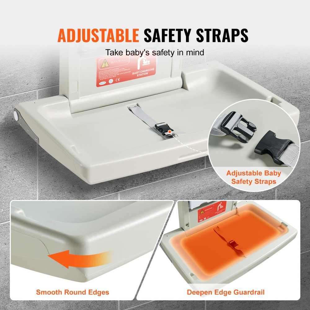 VEVOR Cambiador de Pared Cambiador Plegable de Plástico HDPE Mueble Cambiador Carga Máxima de 20 kg con Correa de Seguridad Plegado Rápido con Un Solo Toque Instalación Fácil para Bebé, 86x56,5x50 cm