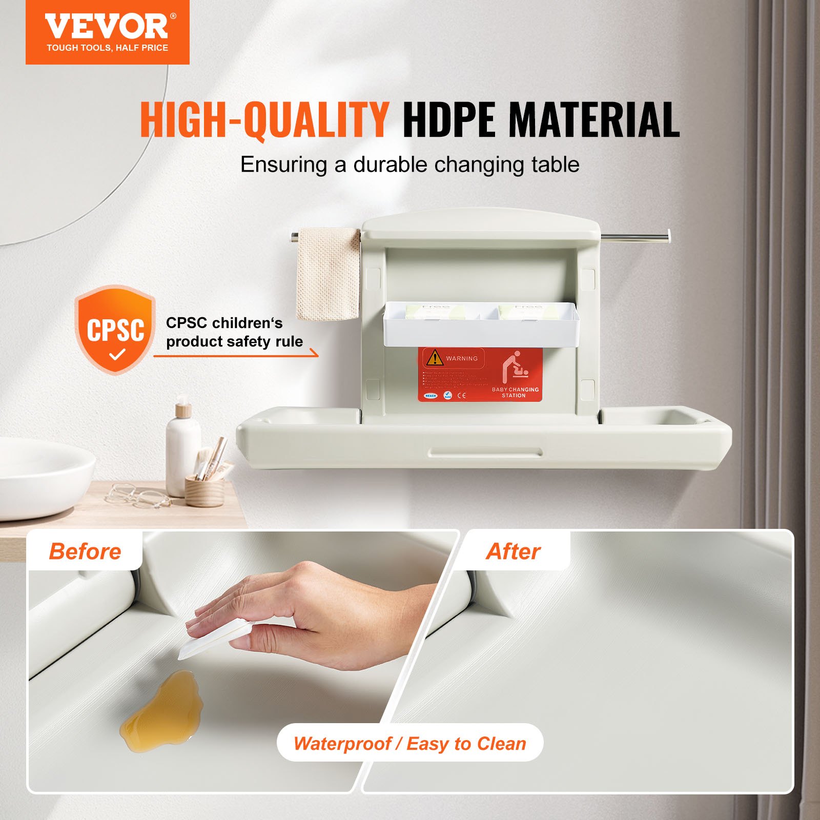 VEVOR Cambiador de Pared Cambiador Plegable de Plástico HDPE Mueble Cambiador Carga Máxima de 20 kg con Correa de Seguridad Plegado Rápido con Un Solo Toque Instalación Fácil para Bebé, 86x56,5x50 cm