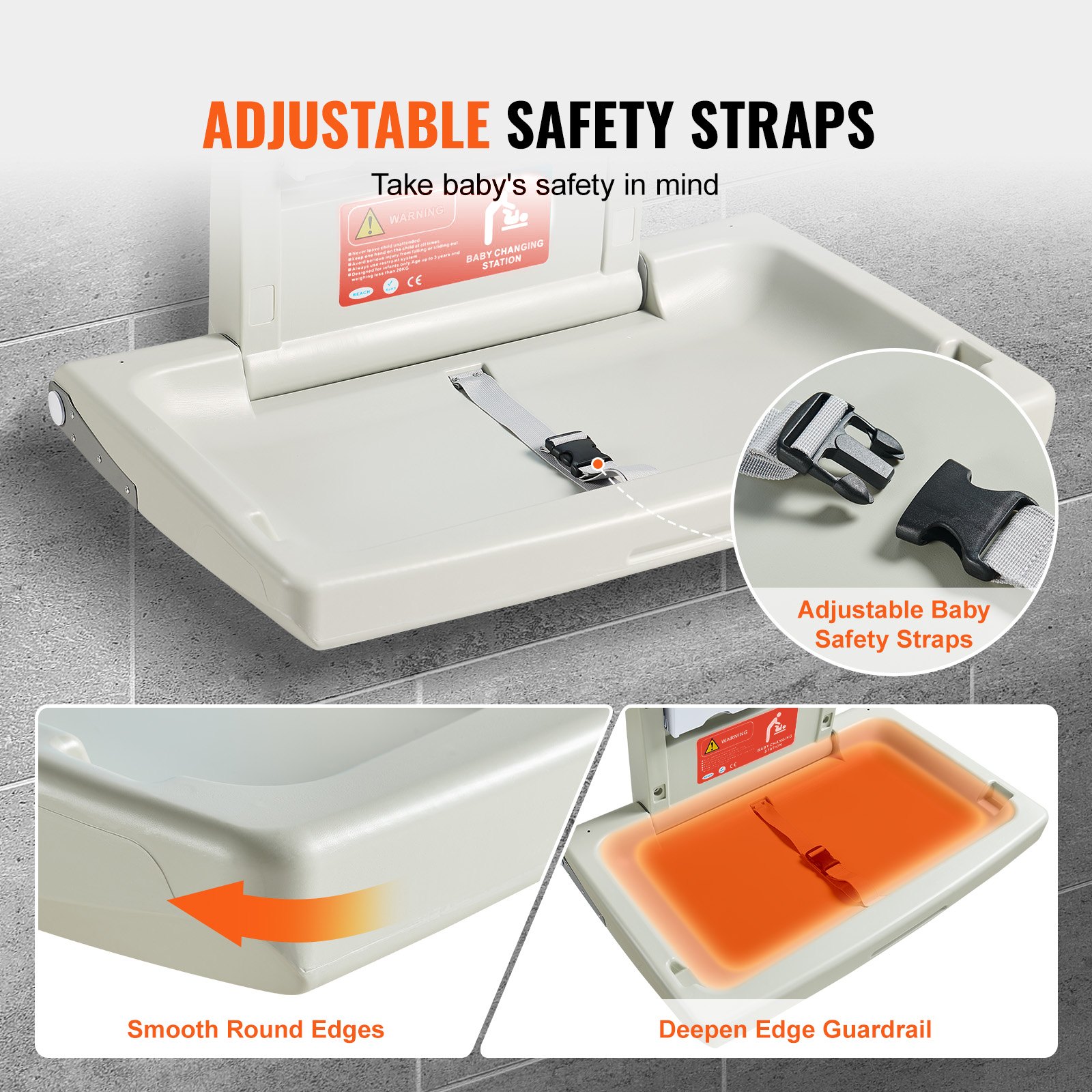 VEVOR Cambiador de Pared Cambiador Plegable de Plástico HDPE Mueble Cambiador Carga Máxima de 20 kg con Correa de Seguridad Plegado Rápido con Un Solo Toque Instalación Fácil para Bebé, 86x56,5x50 cm
