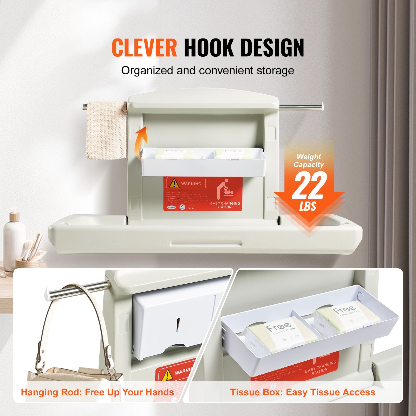 VEVOR Cambiador de Pared Cambiador Plegable de Plástico HDPE Mueble Cambiador Carga Máxima de 20 kg con Correa de Seguridad Plegado Rápido con Un Solo Toque Instalación Fácil para Bebé, 86x56,5x50 cm