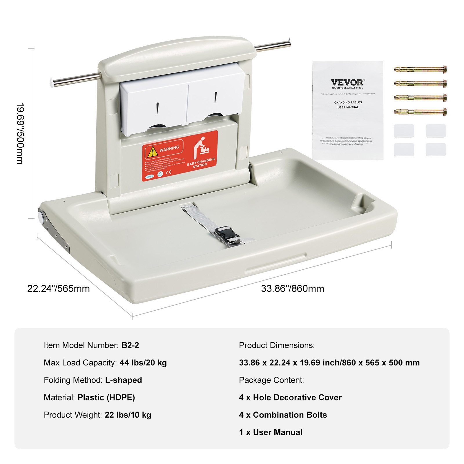 VEVOR Cambiador de Pared Cambiador Plegable de Plástico HDPE Mueble Cambiador Carga Máxima de 20 kg con Correa de Seguridad Plegado Rápido con Un Solo Toque Instalación Fácil para Bebé, 86x56,5x50 cm