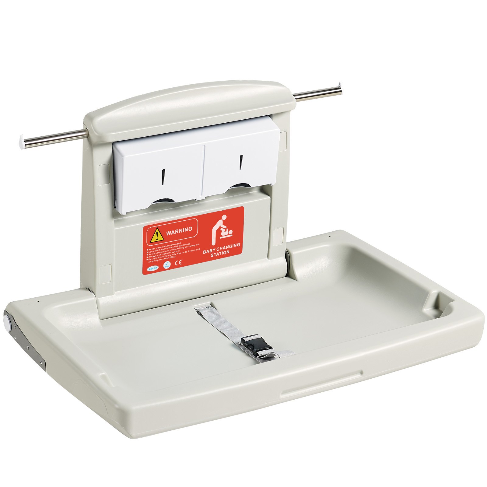 VEVOR Cambiador de Pared Cambiador Plegable de Plástico HDPE Mueble Cambiador Carga Máxima de 20 kg con Correa de Seguridad Plegado Rápido con Un Solo Toque Instalación Fácil para Bebé, 86x56,5x50 cm