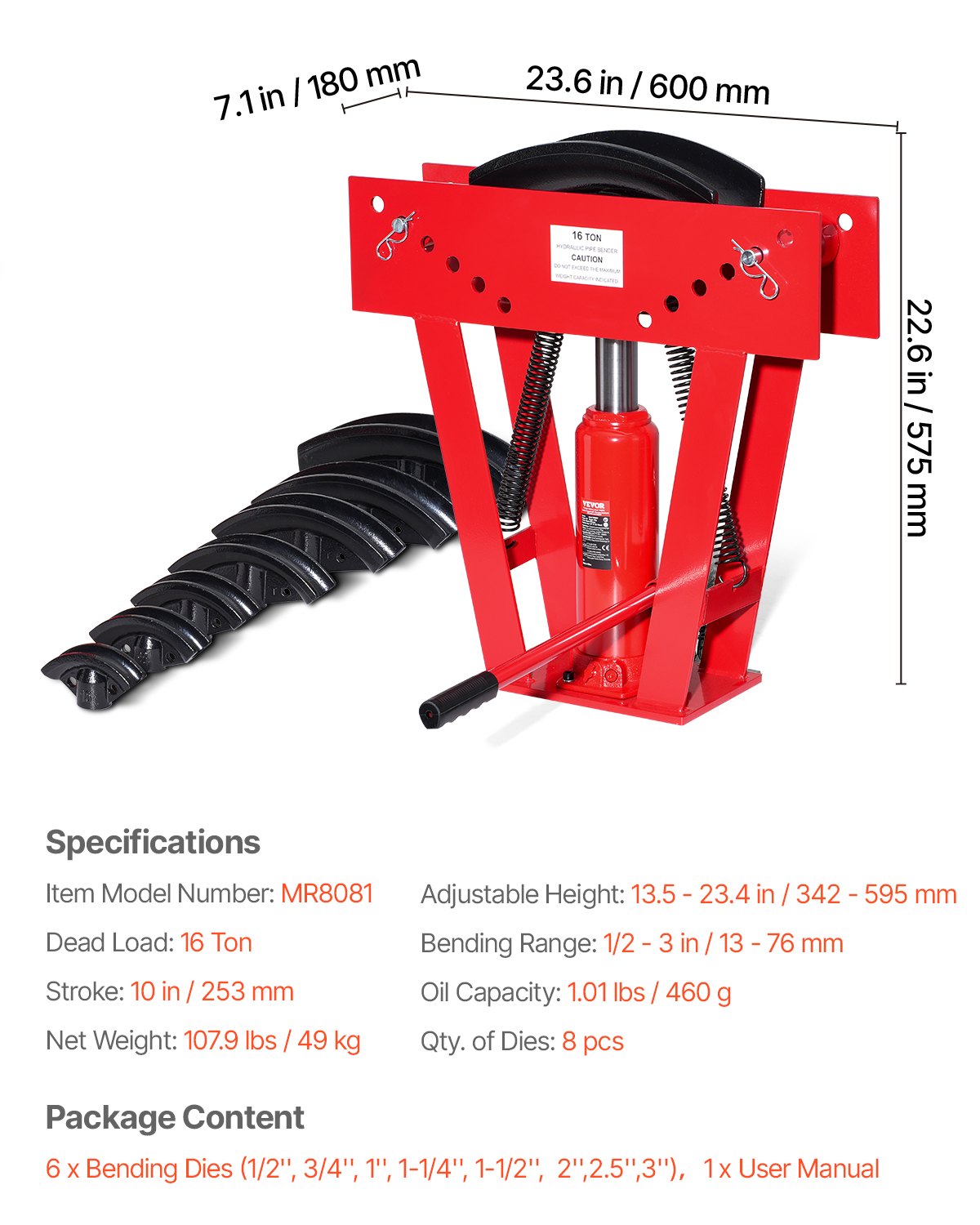 VEVOR hydraulic pipe bending machine, 16-ton pipe bending device, pipe bender with 8 dies (1/2, 3/4, 1, 1-1/4, 1-1/2, 2, 2.5, 3 inch), 90-180° adjustable rollers for bending various types of metal