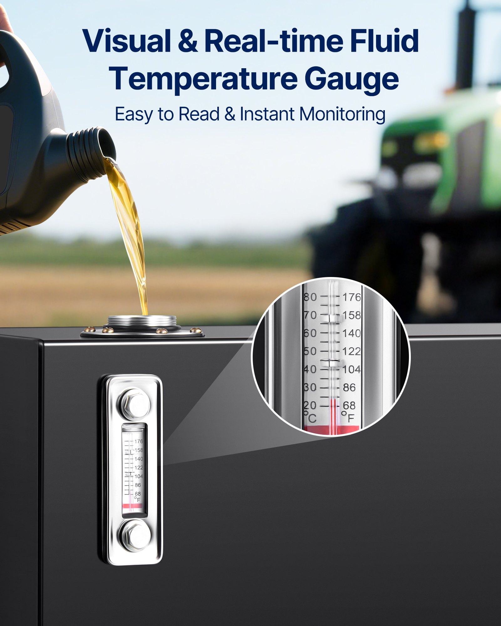 VEVOR Depósito de Fluido Hidráulico 37,8 L Tanque de Combustible de Acero Tanque de Transferencia de Gasolina con Filtro Medidor de Temperatura Tapa de Respiradero para Tractores y Camiones, Negro
