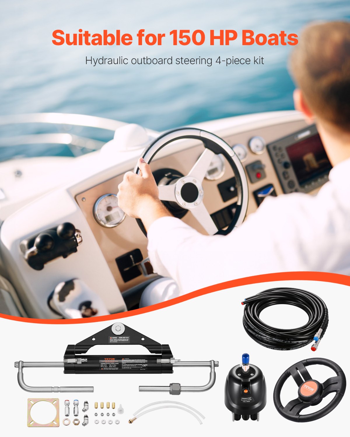 VEVOR 150 HP hydraulic outboard steering kit, hydraulic boat steering system with 342.9 mm steering wheel, steering pump, hydraulic cylinder and two 7924.8 mm hoses for single-station, single-engine boats