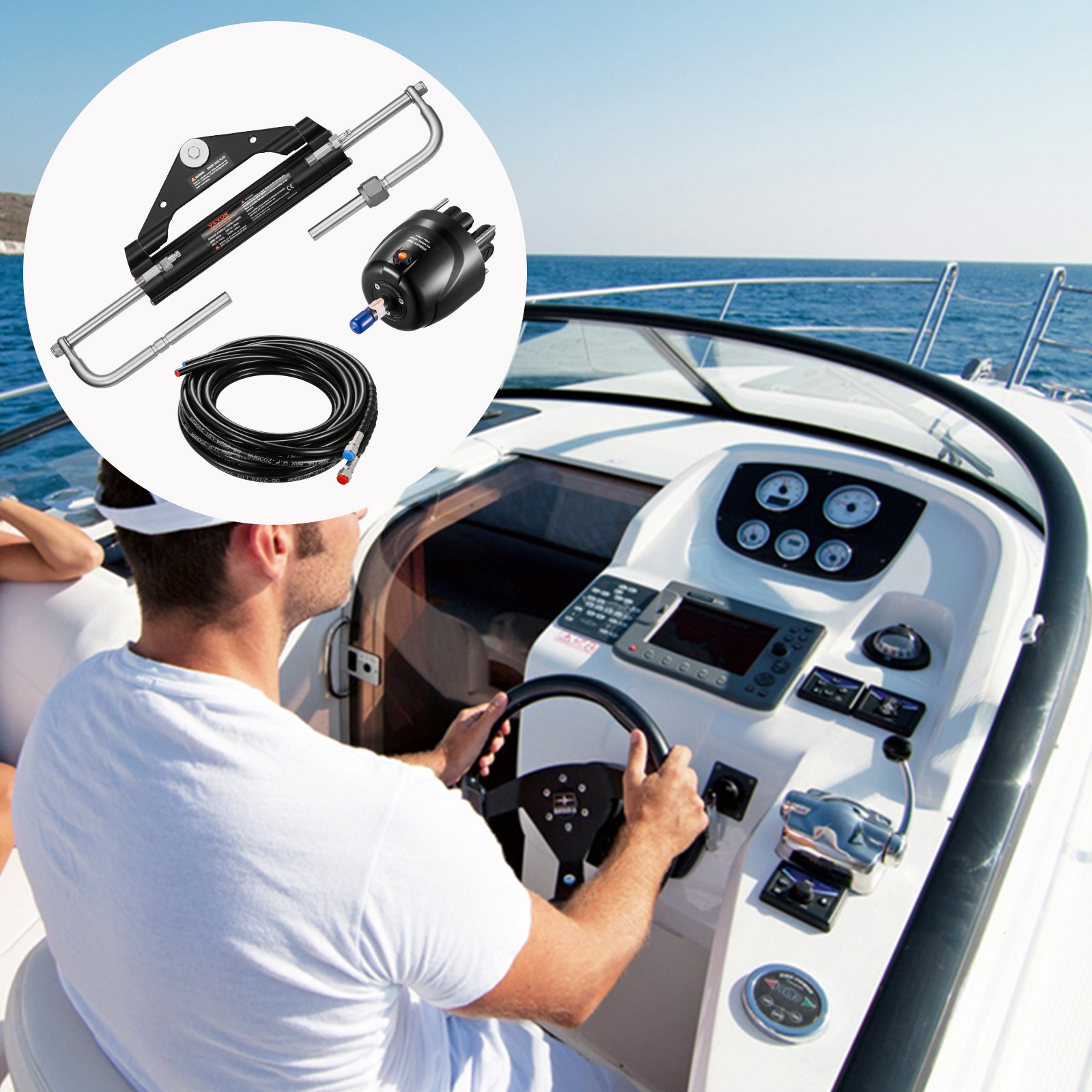 VEVOR 150 HP hydraulic outboard steering kit, hydraulic boat steering system with 342.9 mm steering wheel, steering pump, hydraulic cylinder and two 7924.8 mm hoses for single-station, single-engine boats