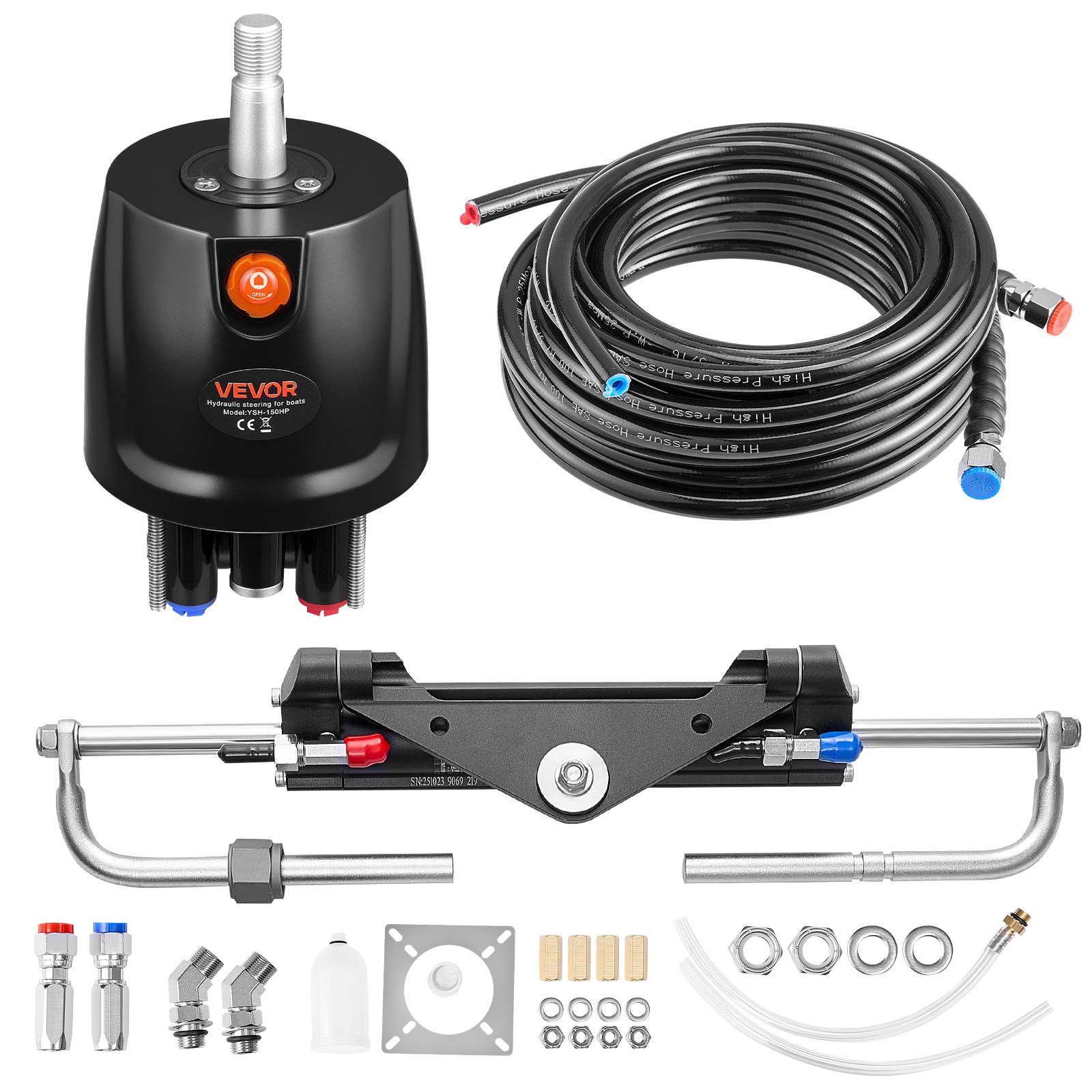 VEVOR Kit de Sistema de Dirección Hidráulica Fueraborda 110kW (150 HP), con Bomba de Timón de 6,9 MPa/1000 psi, Cilindro de Bloqueo Bidireccional, Manguera de 6,1 m, para Una Sola Estación y Un Solo Motor