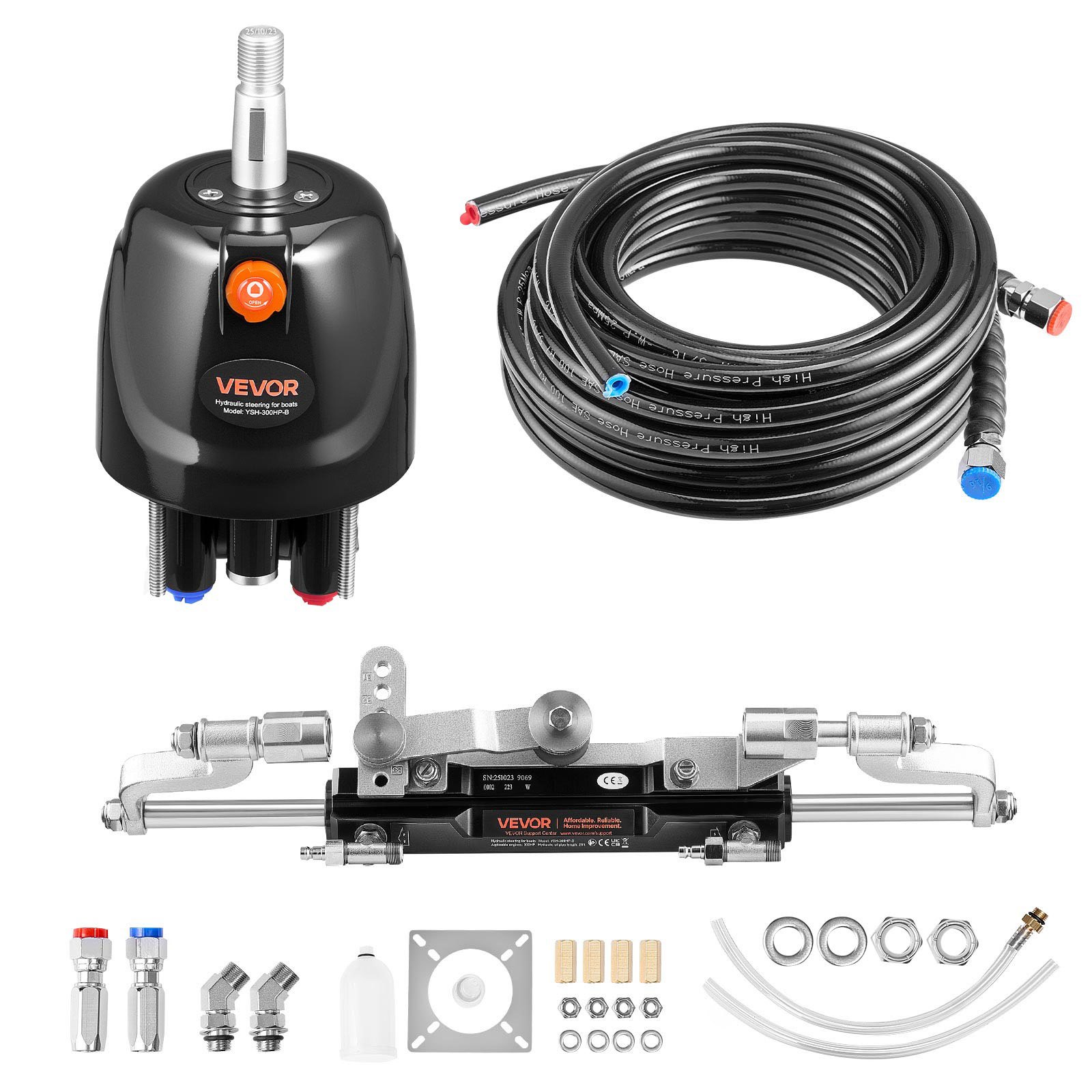 VEVOR Kit de Sistema de Dirección Hidráulica Fueraborda 220kW (300 HP), con Bomba de Timón de 6,9 MPa/1000 psi, Cilindro de Bloqueo Bidireccional, Manguera de 7,9 m, para Una Sola Estación y Un Solo Motor