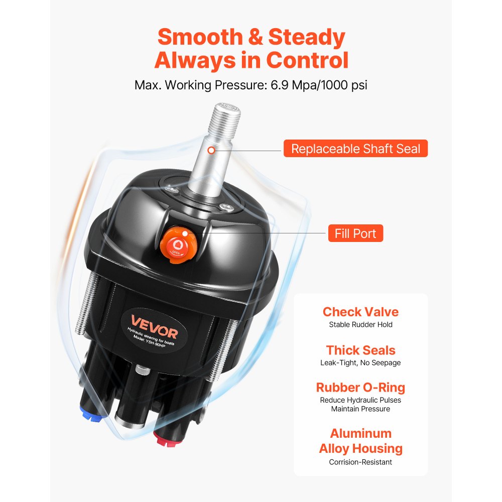 VEVOR Kit de Sistema de Dirección Hidráulica Fueraborda 70kW (90 HP), con Bomba de Timón de 6,9 MPa/1000 psi, Cilindro de Bloqueo Bidireccional, Manguera de 6,1 m, para Una Sola Estación y Un Solo Motor