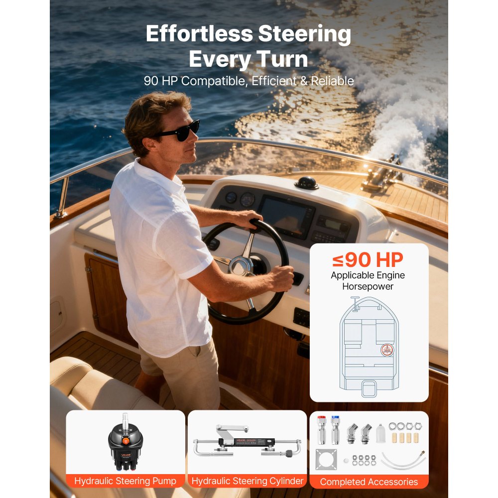 VEVOR Kit de Sistema de Dirección Hidráulica Fueraborda de 70kW (90 HP), con Bomba de Timón de 6,9 MPa/1000 psi, Carcasa de Aleación de Aluminio, Válvula de Retención para Barcos de Pesca, Veleros Pequeños