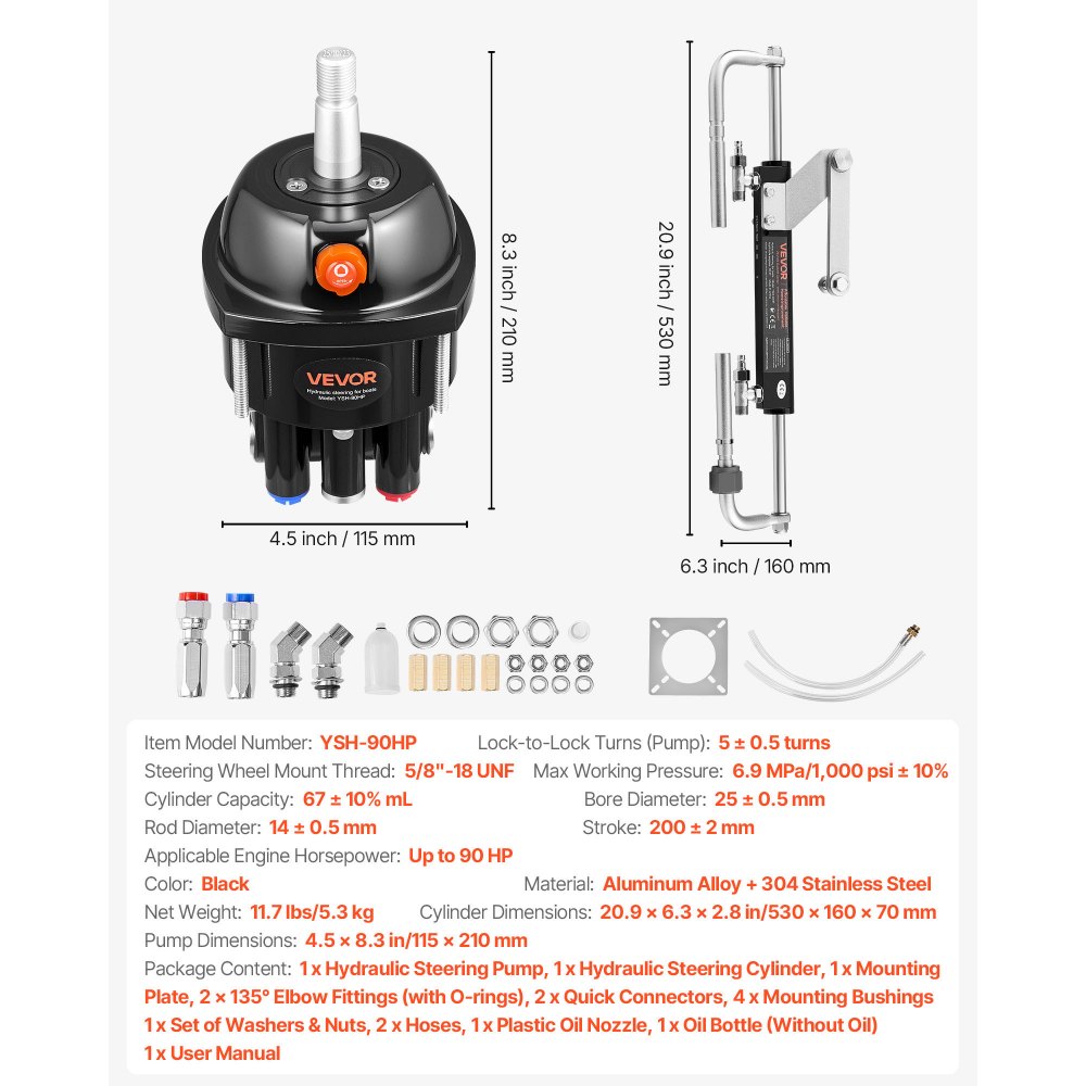 VEVOR Kit de Sistema de Dirección Hidráulica Fueraborda de 70kW (90 HP), con Bomba de Timón de 6,9 MPa/1000 psi, Carcasa de Aleación de Aluminio, Válvula de Retención para Barcos de Pesca, Veleros Pequeños