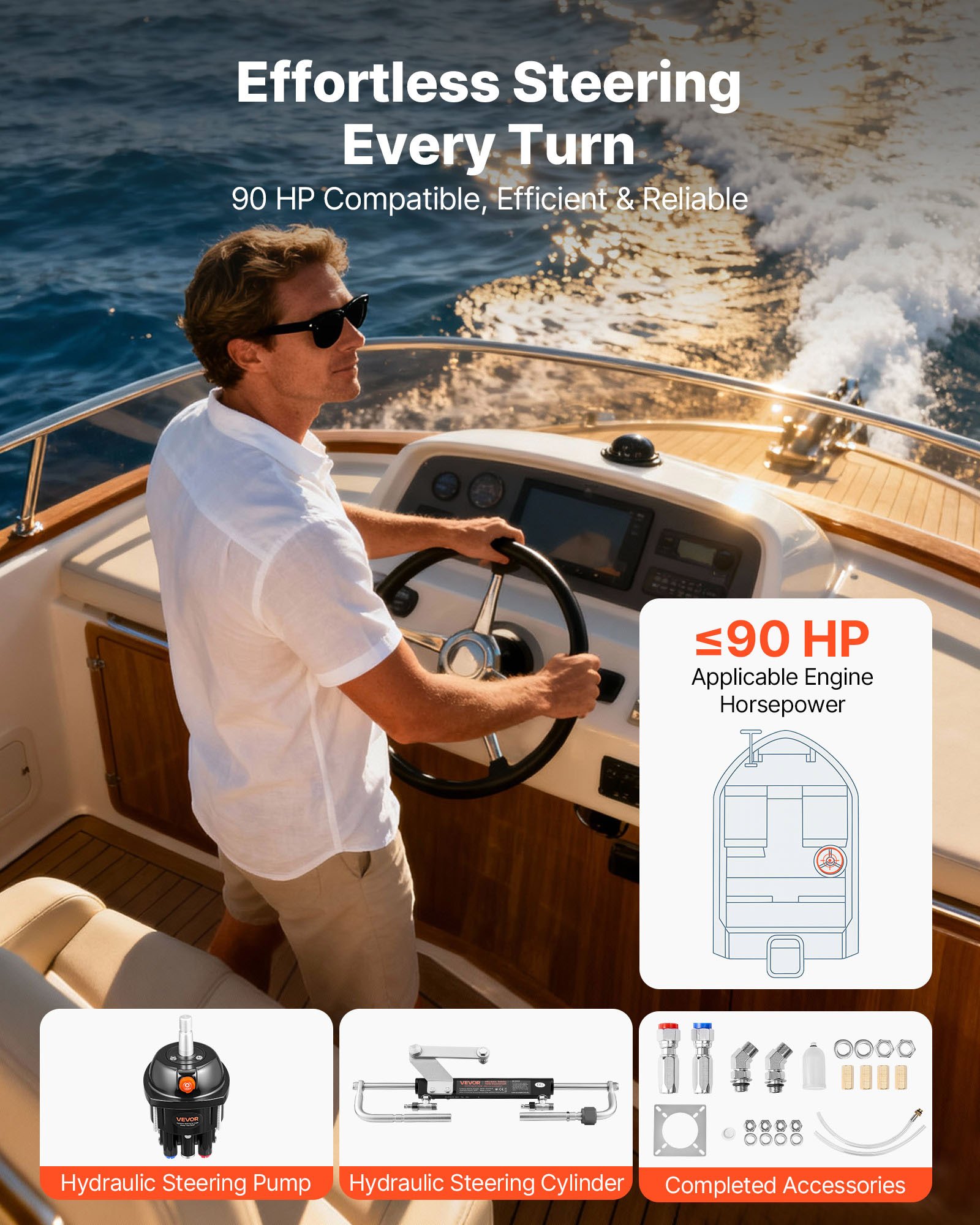 VEVOR Kit de Sistema de Dirección Hidráulica Fueraborda de 70kW (90 HP), con Bomba de Timón de 6,9 MPa/1000 psi, Carcasa de Aleación de Aluminio, Válvula de Retención para Barcos de Pesca, Veleros Pequeños