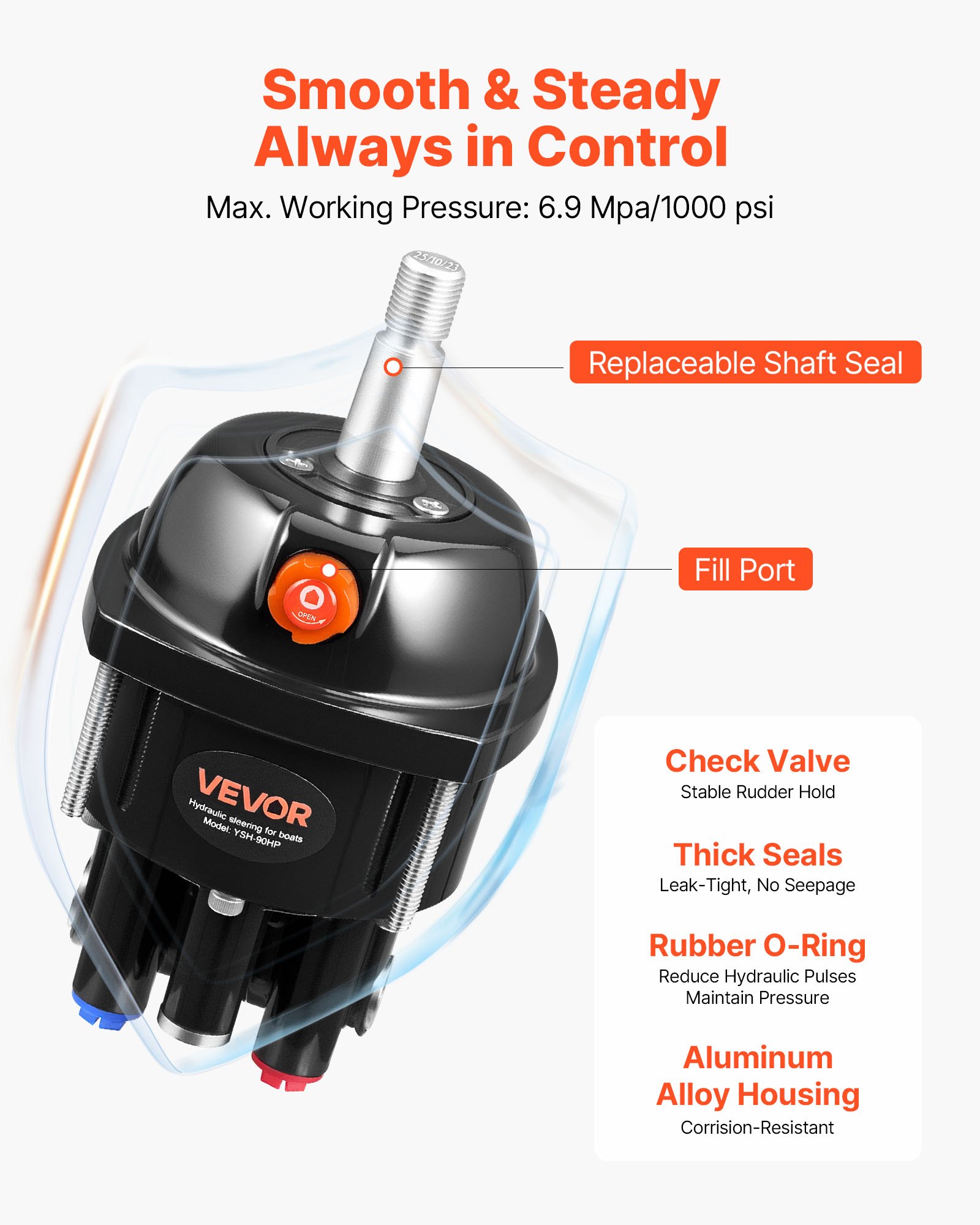 VEVOR Kit de Sistema de Dirección Hidráulica Fueraborda de 70kW (90 HP), con Bomba de Timón de 6,9 MPa/1000 psi, Carcasa de Aleación de Aluminio, Válvula de Retención para Barcos de Pesca, Veleros Pequeños