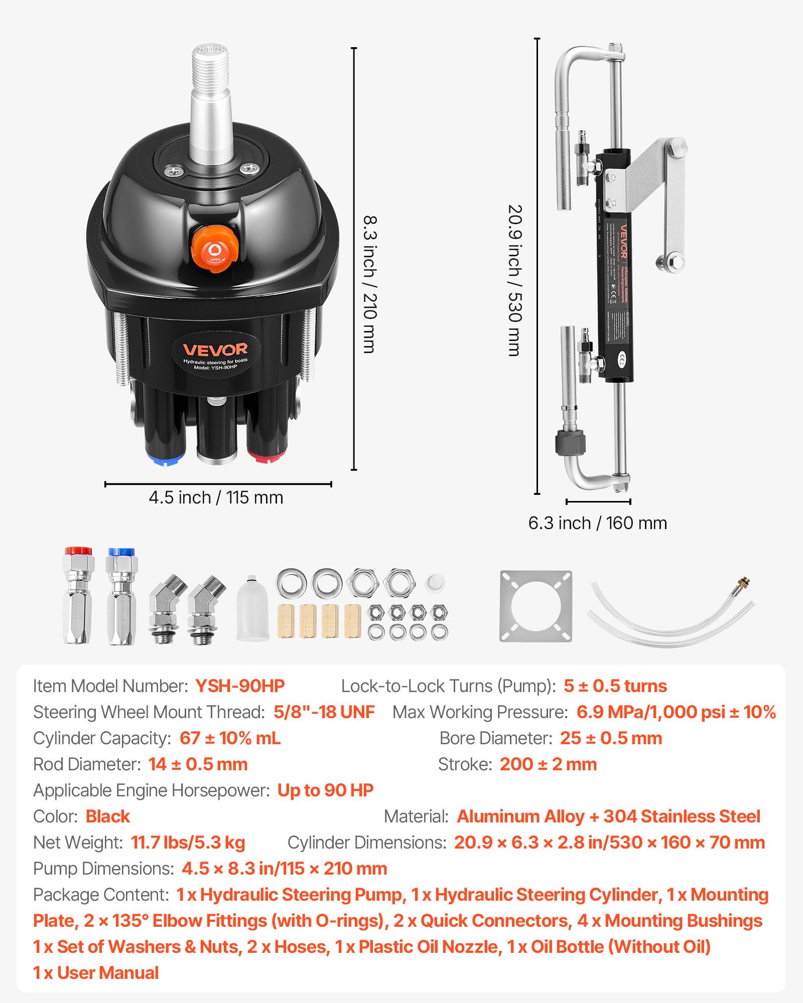 VEVOR Kit de Sistema de Dirección Hidráulica Fueraborda de 70kW (90 HP), con Bomba de Timón de 6,9 MPa/1000 psi, Carcasa de Aleación de Aluminio, Válvula de Retención para Barcos de Pesca, Veleros Pequeños
