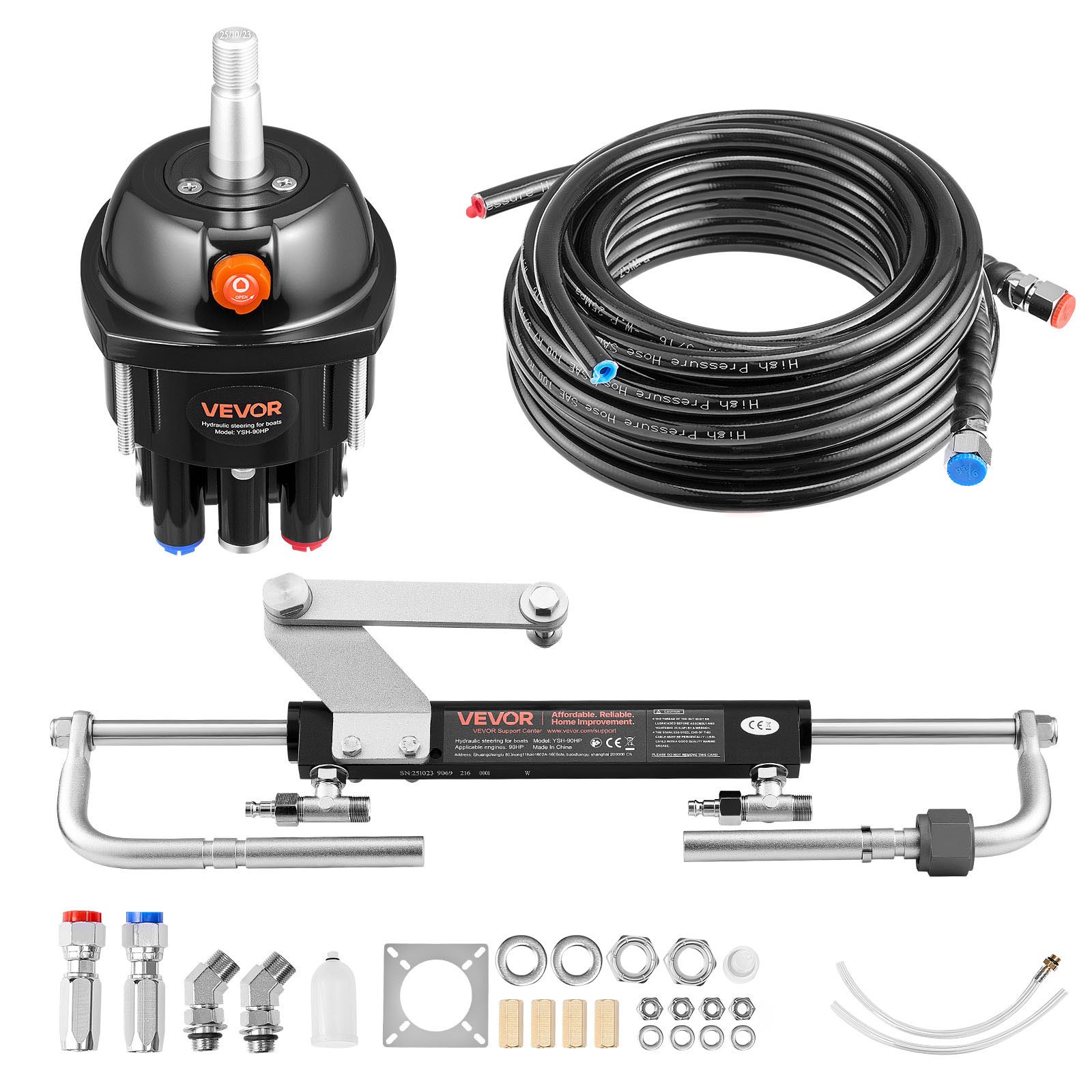 VEVOR Kit de Sistema de Dirección Hidráulica Fueraborda 70kW (90 HP), con Bomba de Timón de 6,9 MPa/1000 psi, Cilindro de Bloqueo Bidireccional, Manguera de 7,3 m, para Una Sola Estación y Un Solo Motor
