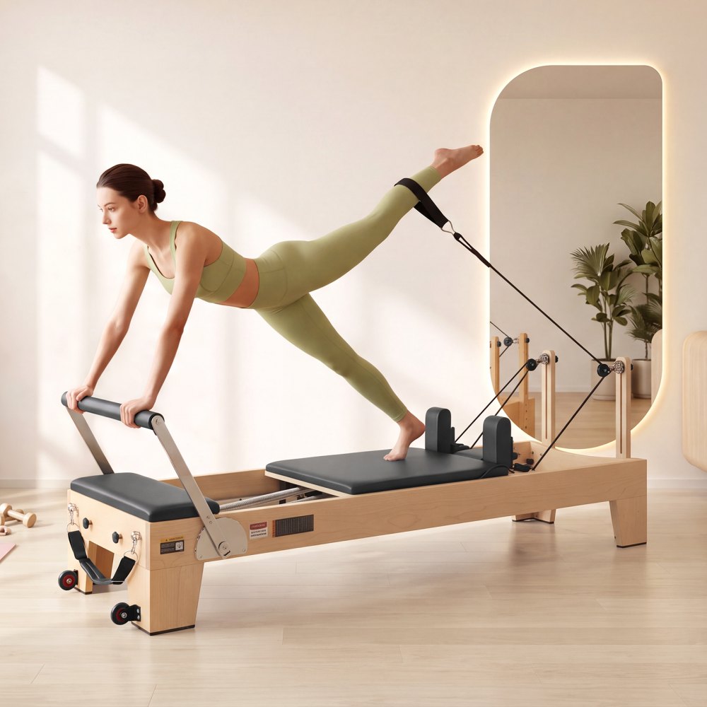 VEVOR Máquina de Pilates Reformer 2,4 m de Madera de Arce Carga de 181,4 kg, para Uso Doméstico y Entrenamiento en Gimnasio, con Plataforma y Caja de Asiento, para Usuarios Avanzados y Principiantes