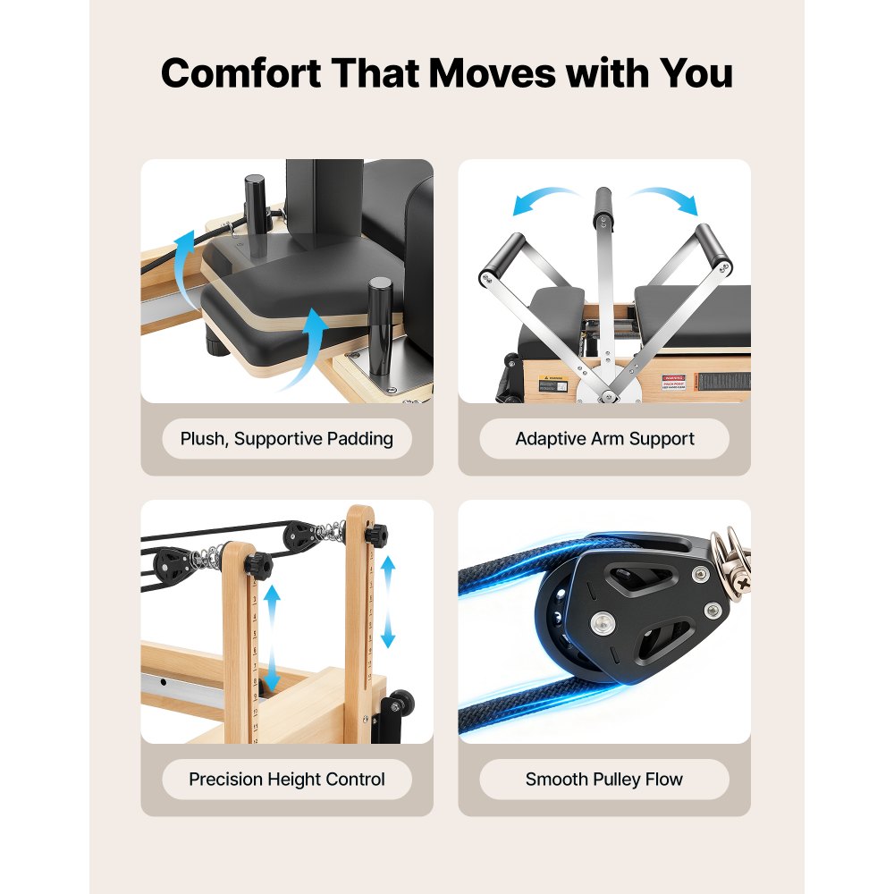 VEVOR Máquina de Pilates Reformer Plegable 2,4 m de Madera de Arce, Carga hasta 181,4 kg, para Uso Doméstico y Entrenamiento en Gimnasio, con Caja de Pilates, para Usuarios Avanzados y Principiantes