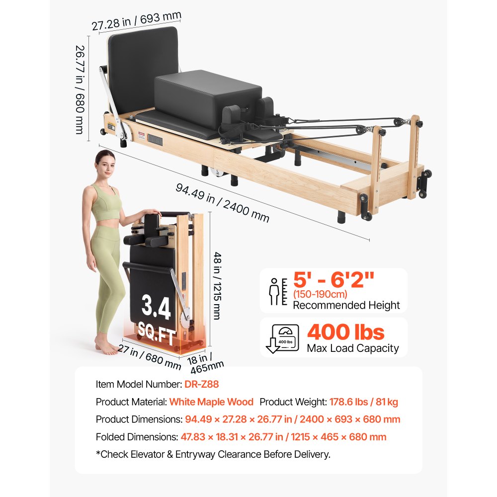 VEVOR Máquina de Pilates Reformer Plegable 2,4 m de Madera de Arce, Carga hasta 181,4 kg, para Uso Doméstico y Entrenamiento en Gimnasio, con Caja de Pilates, para Usuarios Avanzados y Principiantes