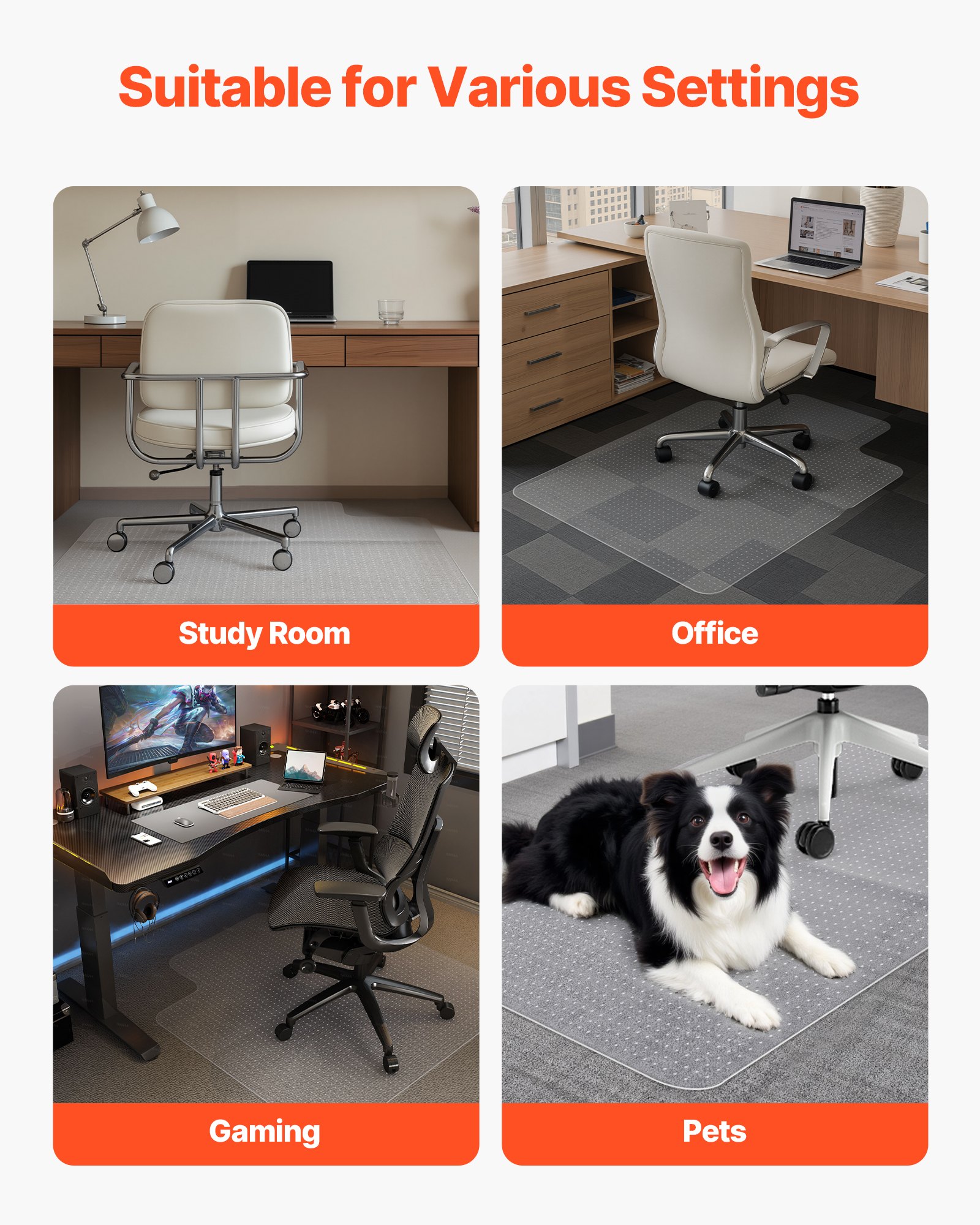 VEVOR Chair Mat with Lip, 915 x 1225 mm Office Chair Mat for Low Pile Carpeted Floors, Plastic Floor Protector Rug with Studded, Non-Slip & Easy to Clean, Smooth Glide Under Desk Rug for Home Office