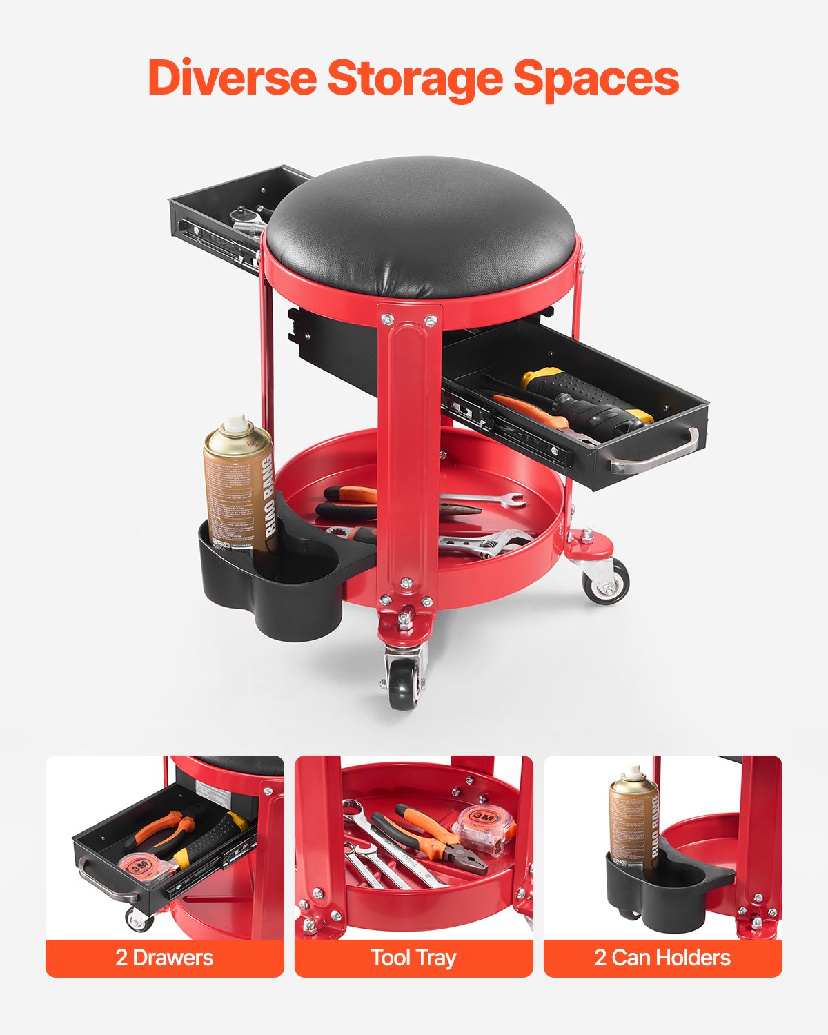 VEVOR Taburete Mecánico con Ruedas Carga de 136 kg Asiento de Garaje con Bandeja para Herramientas y 2 Cajones Asiento Acolchado Altura Fija para Garaje, Taller, Reparación de Autos, Rojo y Negro