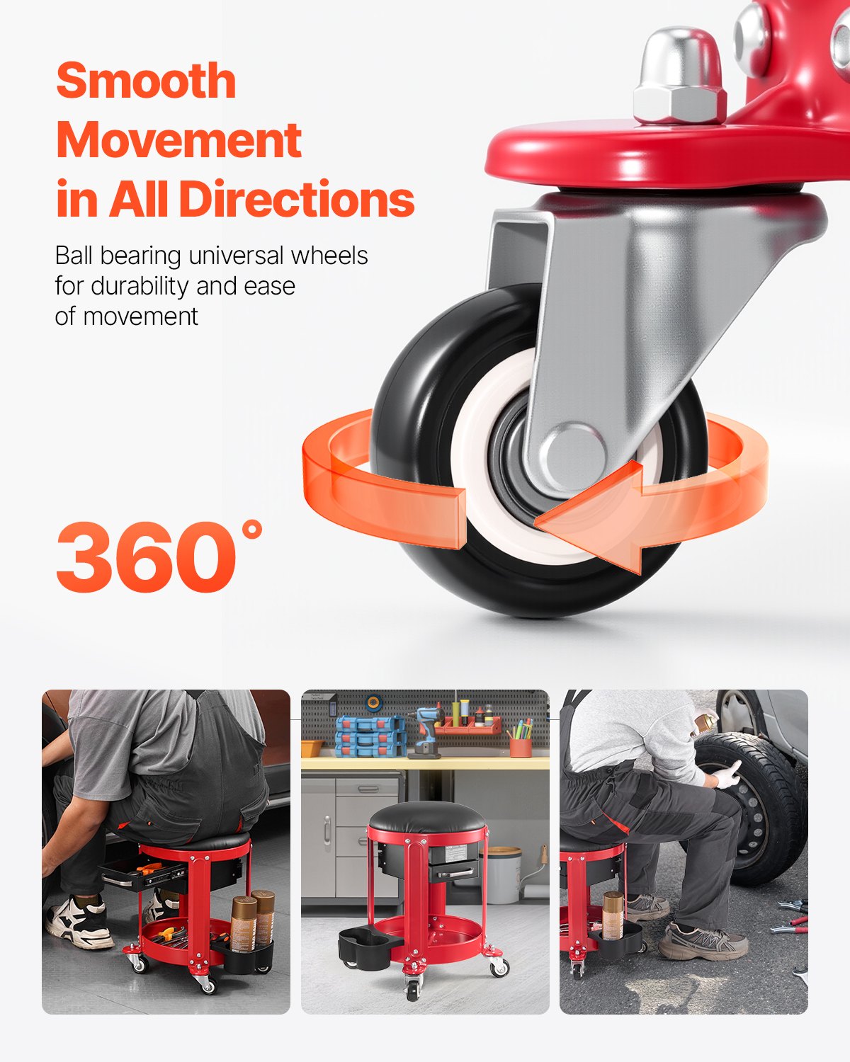 VEVOR Taburete Mecánico con Ruedas Carga de 136 kg Asiento de Garaje con Bandeja para Herramientas y 2 Cajones Asiento Acolchado Altura Fija para Garaje, Taller, Reparación de Autos, Rojo y Negro