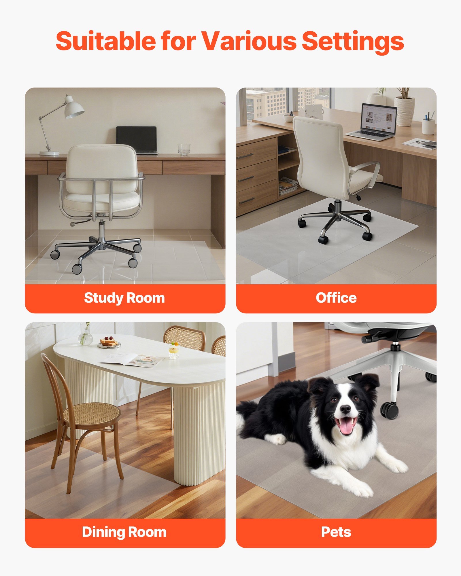 VEVOR Chair Mat, 915 x 1225 mm Transparent Office Chair Mat for Hard Floors, Floor Protector for Rolling Chairs, Non-Slip & Easy to Clean, Smooth Glide Under Desk Rug for Home Office (Rectangular)