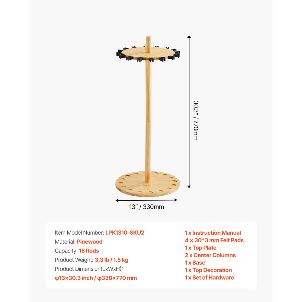 VEVOR Soporte para Cañas de Pescar(16 Unidades), Soporte Redondo de Madera para Organizar y Almacenar Cañas en el Garaje, para Ahorrar Espacio, Ideal para Carretes y Accesorios, 330 x 770 mm