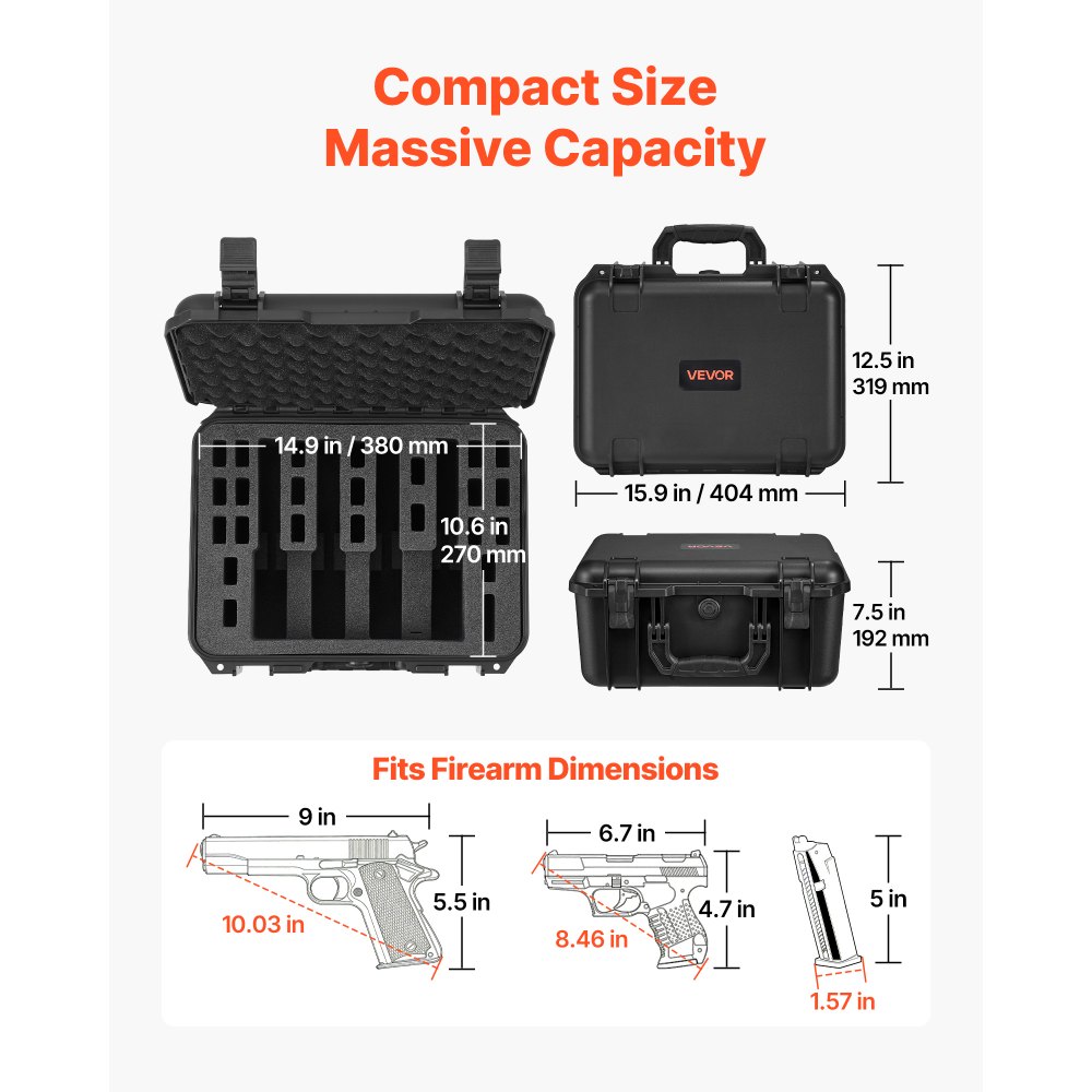 VEVOR Estuche Rígido para Pistola con Revestimiento de Espuma XPE, Funda para 4 Pistolas, Resistente al Agua y Polvo con Interior Personalizable y Asa 404 x 319 x 192 mm, Negro, Cumple con la TSA