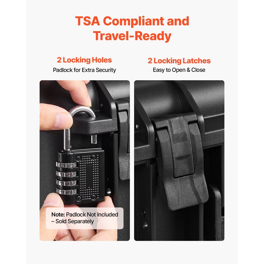 VEVOR Estuche Rígido para Pistola con Revestimiento de Espuma XPE, Funda para 4 Pistolas, Resistente al Agua y Polvo con Interior Personalizable y Asa 404 x 319 x 192 mm, Negro, Cumple con la TSA