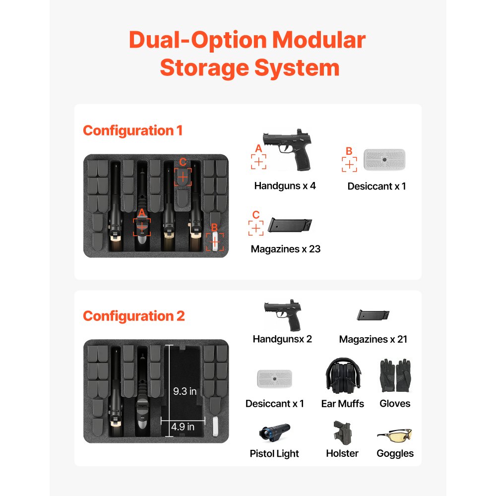 VEVOR Estuche Rígido para Pistola con Revestimiento de Espuma XPE, Funda para 4 Pistolas, Resistente al Agua y Polvo con Interior Personalizable y Asa 404 x 319 x 192 mm, Negro, Cumple con la TSA