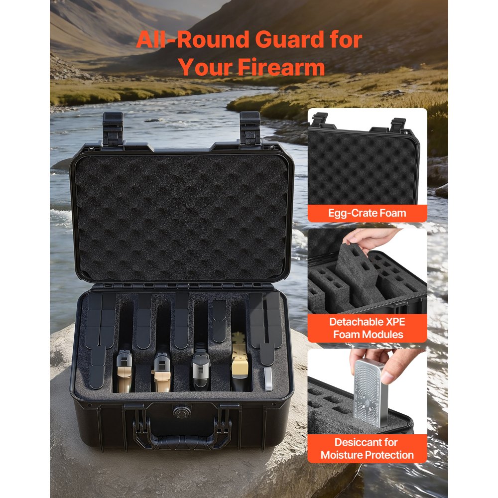 VEVOR Estuche Rígido para Pistola con Revestimiento de Espuma XPE, Funda para 4 Pistolas, Resistente al Agua y Polvo con Interior Personalizable y Asa 404 x 319 x 192 mm, Negro, Cumple con la TSA