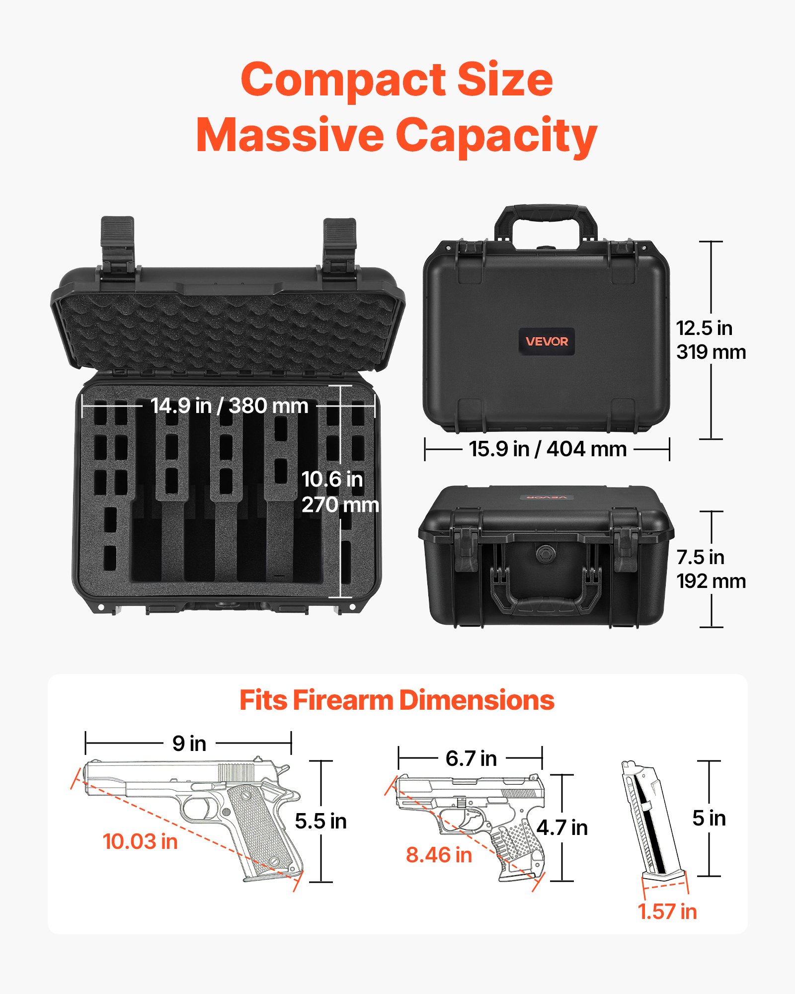 VEVOR Estuche Rígido para Pistola con Revestimiento de Espuma XPE, Funda para 4 Pistolas, Resistente al Agua y Polvo con Interior Personalizable y Asa 404 x 319 x 192 mm, Negro, Cumple con la TSA