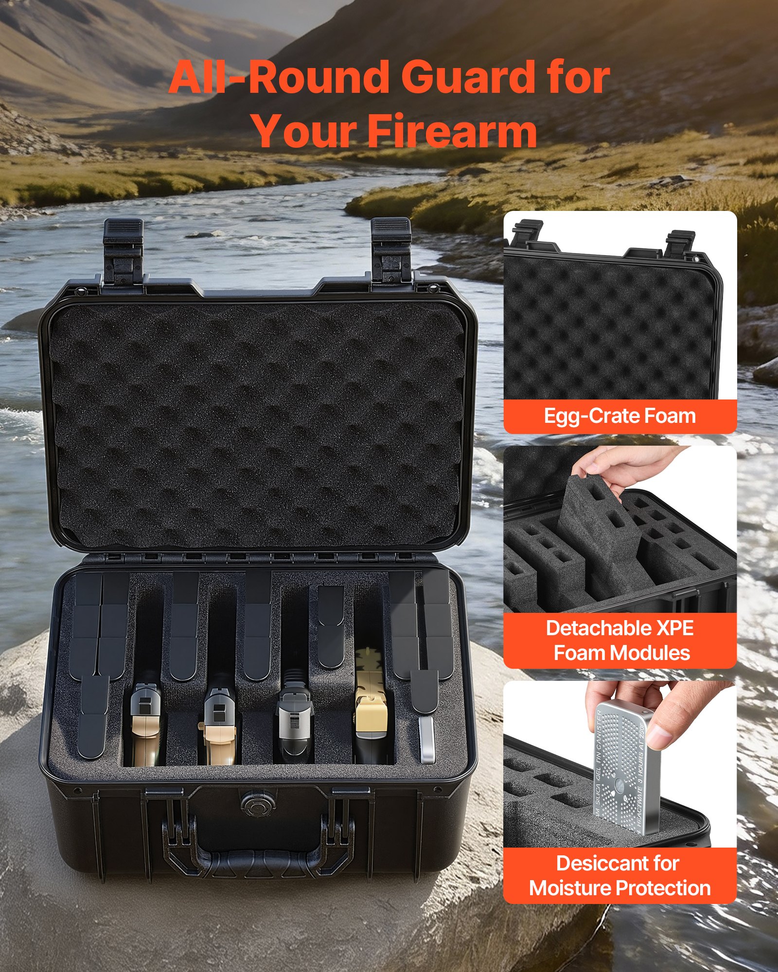 VEVOR Estuche Rígido para Pistola con Revestimiento de Espuma XPE, Funda para 4 Pistolas, Resistente al Agua y Polvo con Interior Personalizable y Asa 404 x 319 x 192 mm, Negro, Cumple con la TSA