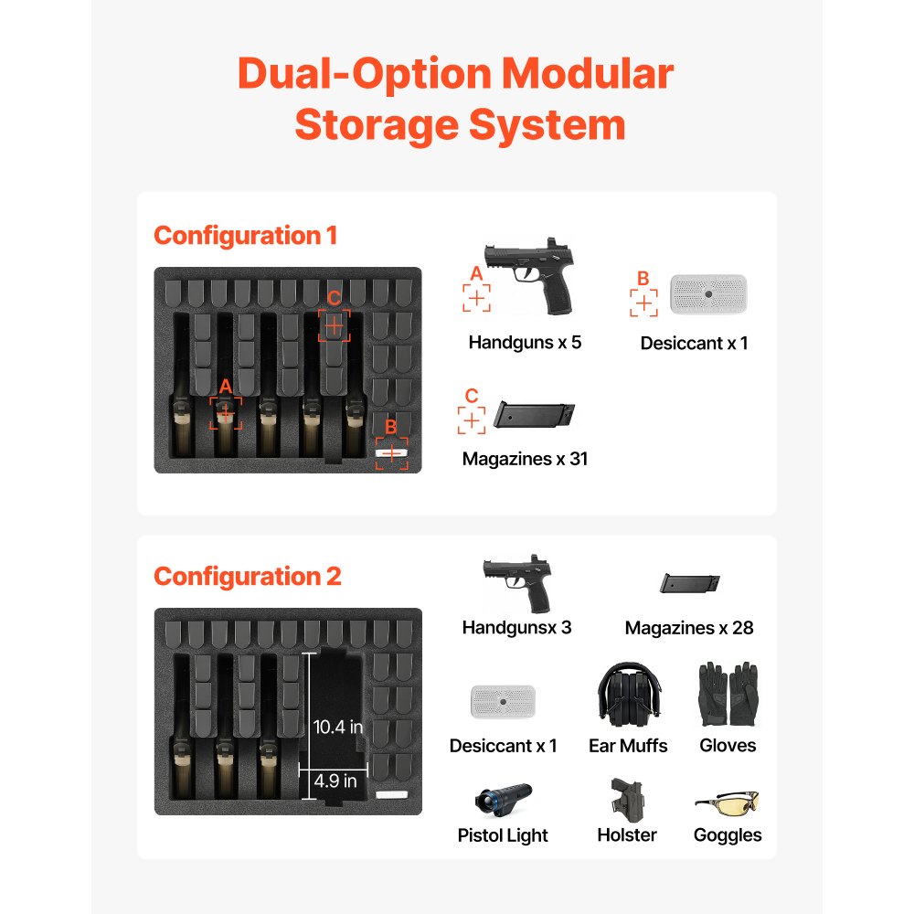 VEVOR Estuche Rígido para Pistola con Revestimiento de Espuma XPE, Funda para 5 Pistolas, Resistente al Agua y Polvo con Interior Personalizable y Asa 475 x 415 x 215 mm, Negro, Cumple con la TSA