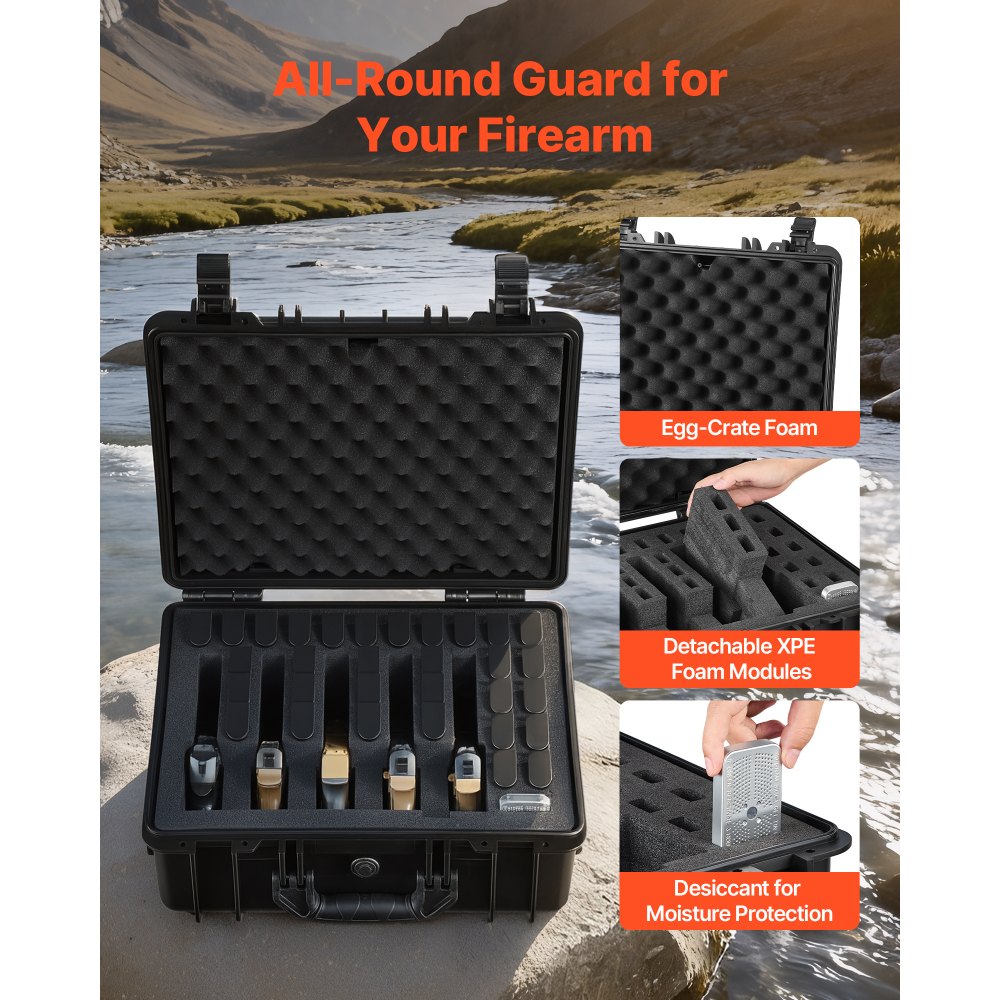 VEVOR Estuche Rígido para Pistola con Revestimiento de Espuma XPE, Funda para 5 Pistolas, Resistente al Agua y Polvo con Interior Personalizable y Asa 475 x 415 x 215 mm, Negro, Cumple con la TSA