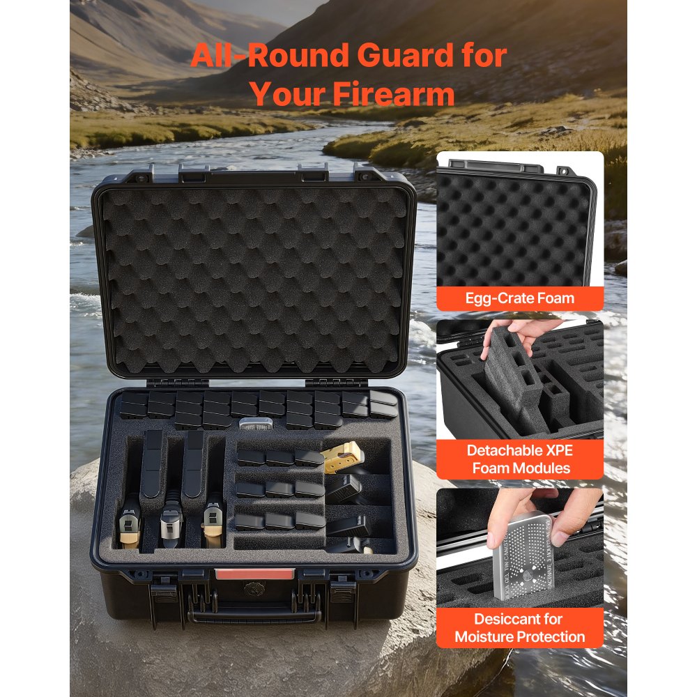 VEVOR Estuche Rígido para Pistola con Revestimiento de Espuma XPE, Funda para 7 Pistolas, Resistente al Agua y Polvo con Interior Personalizable y Asa 491 x 434 x 211 mm, Negro, Cumple con la TSA