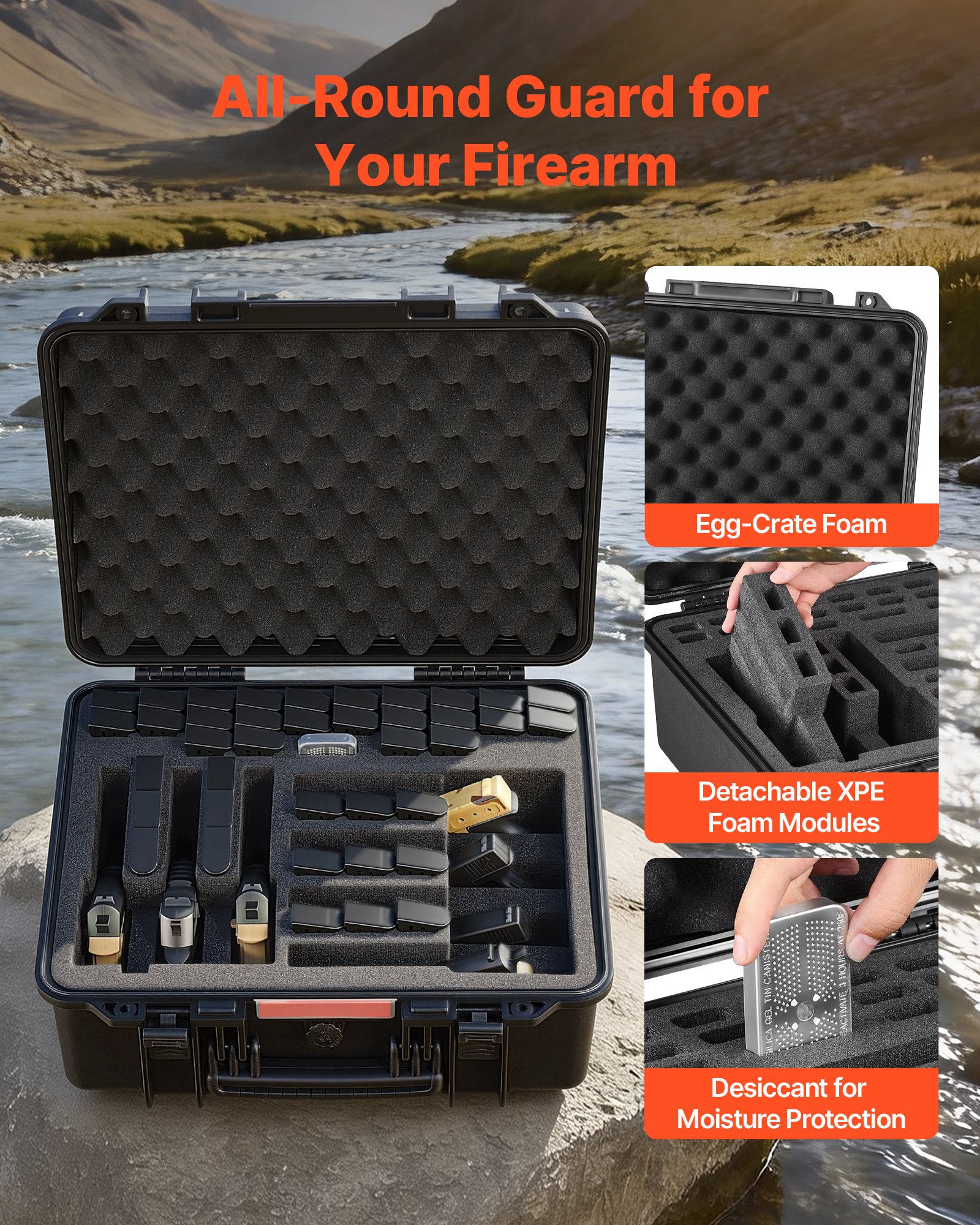VEVOR Estuche Rígido para Pistola con Revestimiento de Espuma XPE, Funda para 7 Pistolas, Resistente al Agua y Polvo con Interior Personalizable y Asa 491 x 434 x 211 mm, Negro, Cumple con la TSA