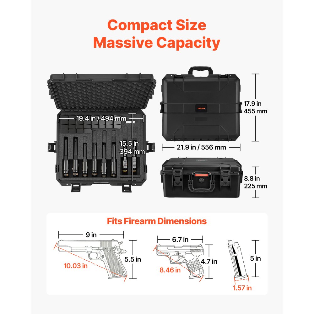 VEVOR Estuche Rígido para Pistola con Revestimiento de Espuma XPE, Funda para 8 Pistolas, Resistente al Agua y Polvo con Interior Personalizable y Asa 556 x 455 x 225 mm, Negro, Cumple con la TSA