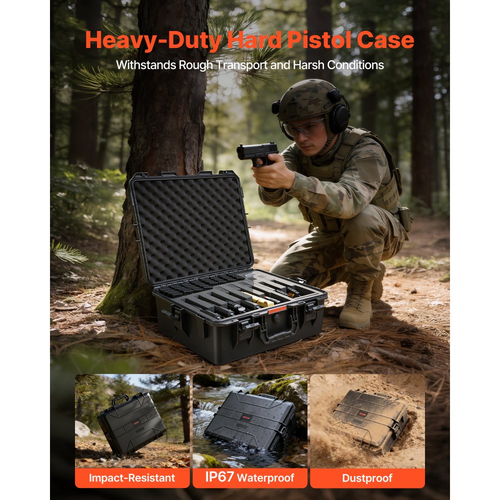 VEVOR Estuche Rígido para Pistola con Revestimiento de Espuma XPE, Funda para 8 Pistolas, Resistente al Agua y Polvo con Interior Personalizable y Asa 556 x 455 x 225 mm, Negro, Cumple con la TSA