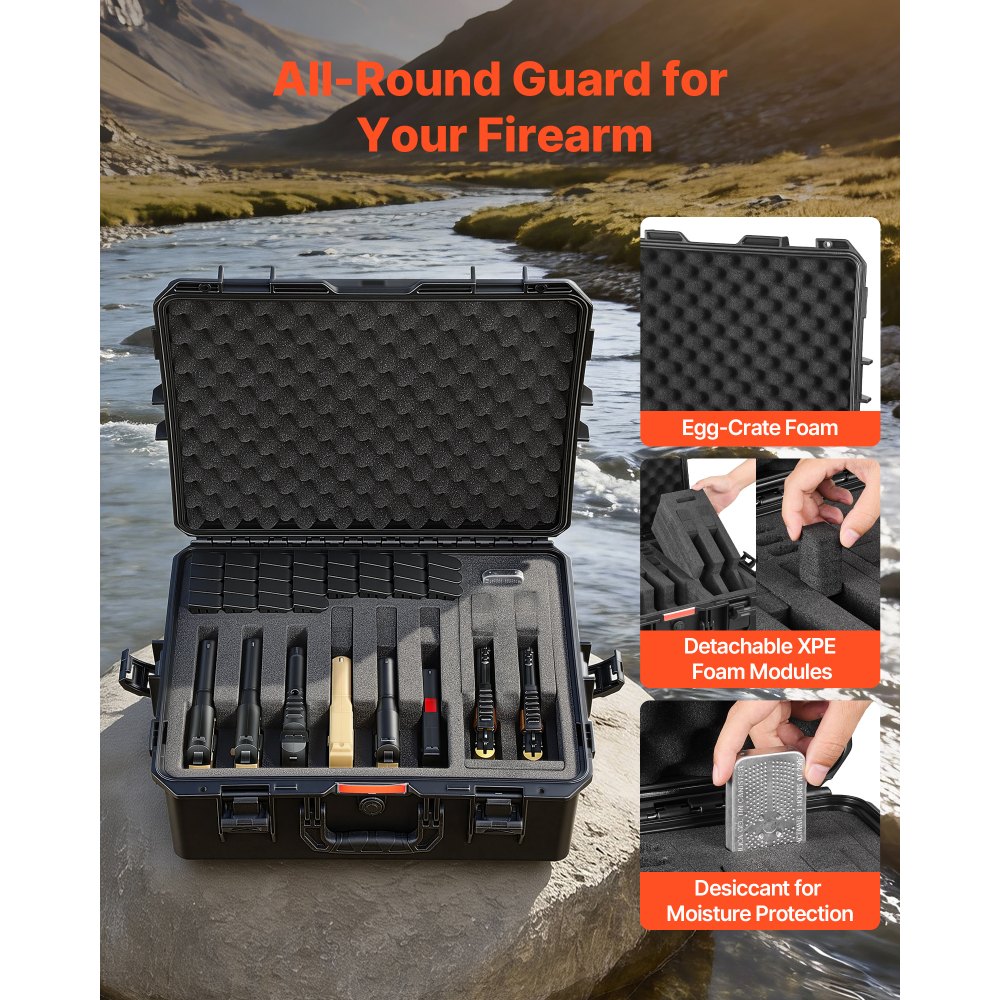 VEVOR Estuche Rígido para Pistola con Revestimiento de Espuma XPE, Funda para 8 Pistolas, Resistente al Agua y Polvo con Interior Personalizable y Asa 556 x 455 x 225 mm, Negro, Cumple con la TSA