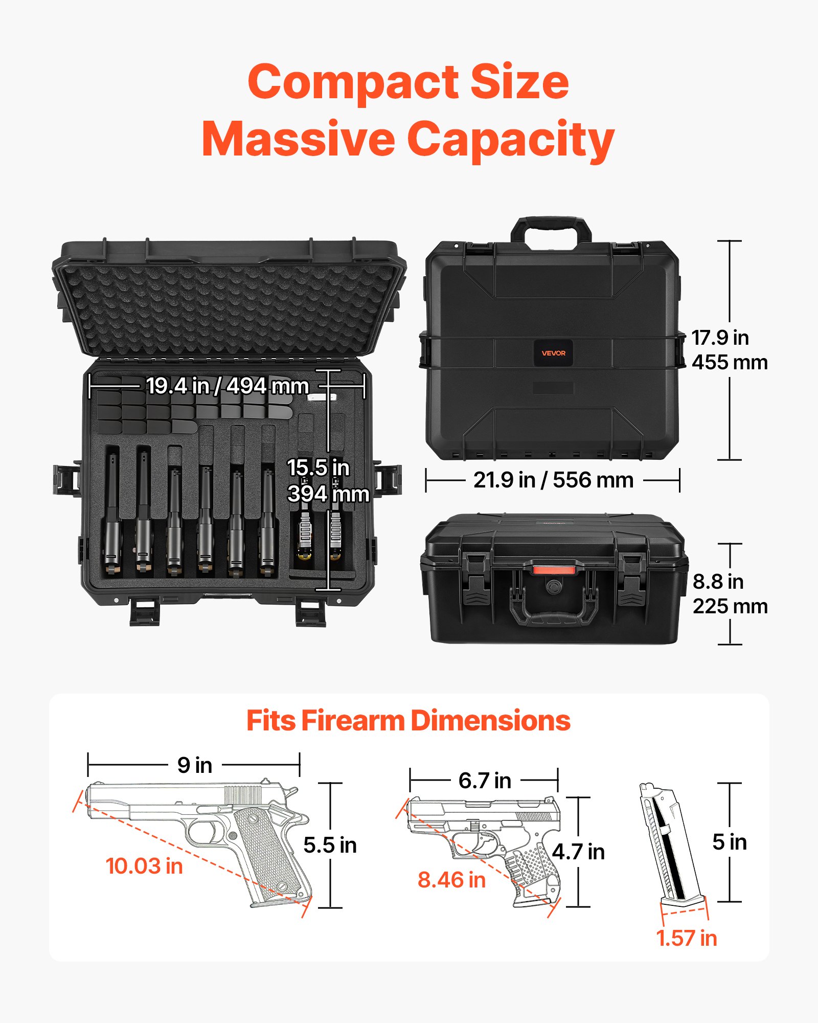 VEVOR Estuche Rígido para Pistola con Revestimiento de Espuma XPE, Funda para 8 Pistolas, Resistente al Agua y Polvo con Interior Personalizable y Asa 556 x 455 x 225 mm, Negro, Cumple con la TSA
