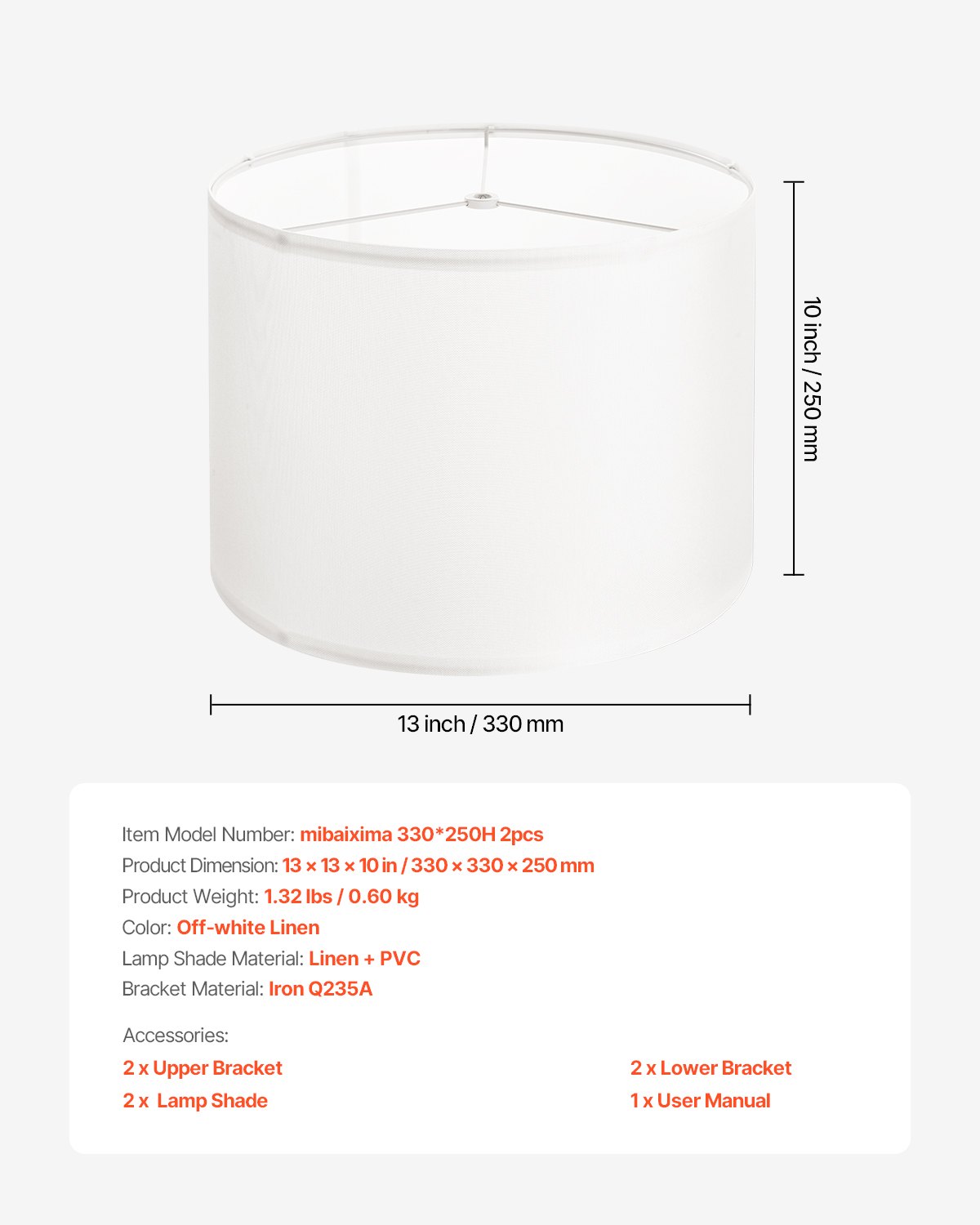 VEVOR Drum Lampshade 33 x 33 x 25 cm (top x bottom x height), 2 pcs. medium-sized replacement shades made of linen + PVC, lampshade for table lamps, floor lamps, pendant lights (cream-colored)