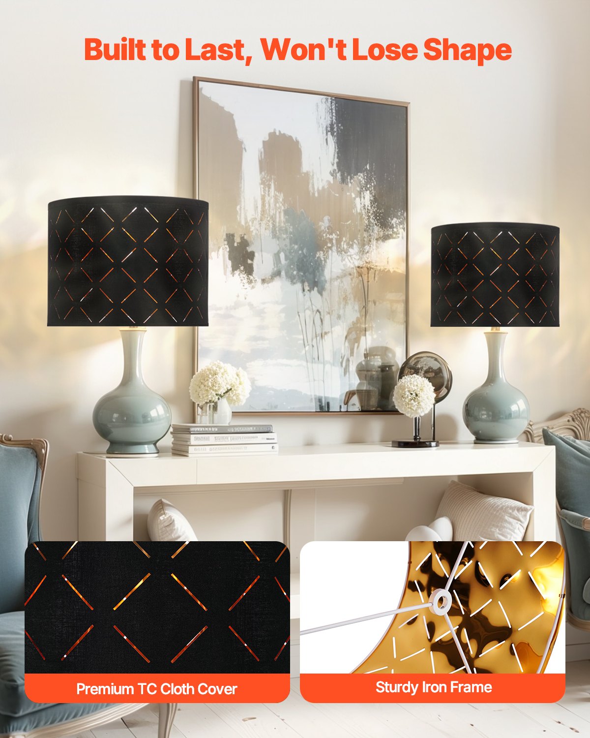 VEVOR Pantalla de Lámpara Forma de Tambor 2 Piezas 33x25 cm Tela TC y PET Estructura de Metal con Arpa Pantalla Cilíndrica para Lámparas de Mesa, de Pie, Colgantes Montaje Fácil, Hueco de Diamante