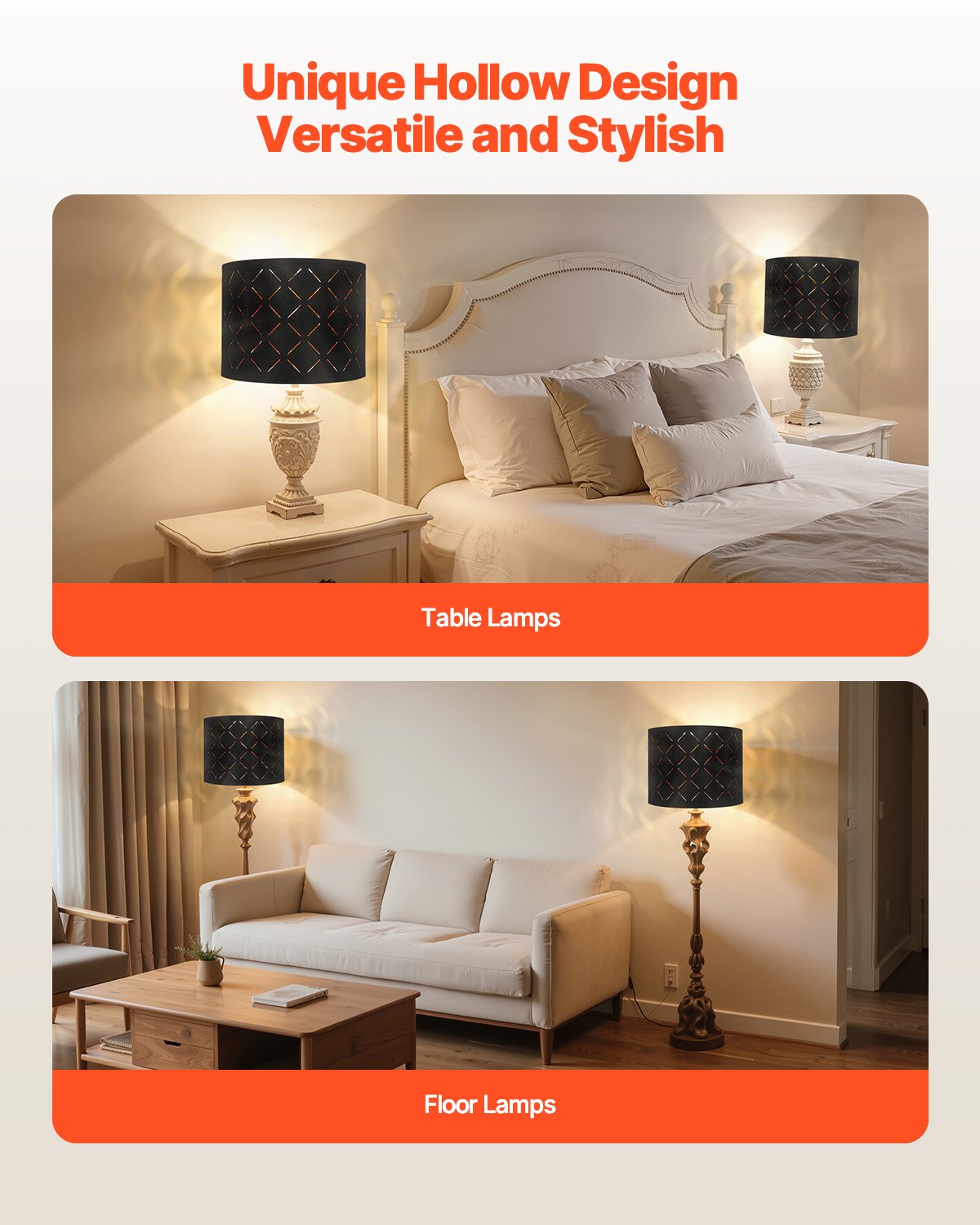 VEVOR Lampshade Drum 33x33x25 cm (top x bottom x height), 2 medium-sized replacement shades made of TC fabric + PET, lampshade with harp for table lamps and floor lamps (black diamond hollow design)