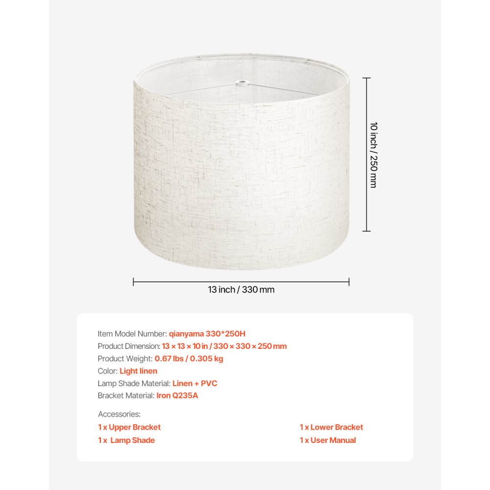 VEVOR Pantalla de Lámpara Forma de Tambor 33x33x25 cm de Lino y PVC Estructura de Metal Resistente Duradero Pantalla Cilíndrica para Lámparas de Mesa, de Pie, Colgantes Fácil Montaje, Lino Claro